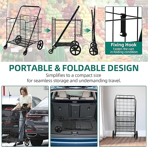 Miniatura 5 de YITAHOME Carrito de compras plegable súper jumbo resistente, carrito de comestibles plegable con ruedas, carrito plegable portátil con doble cesta