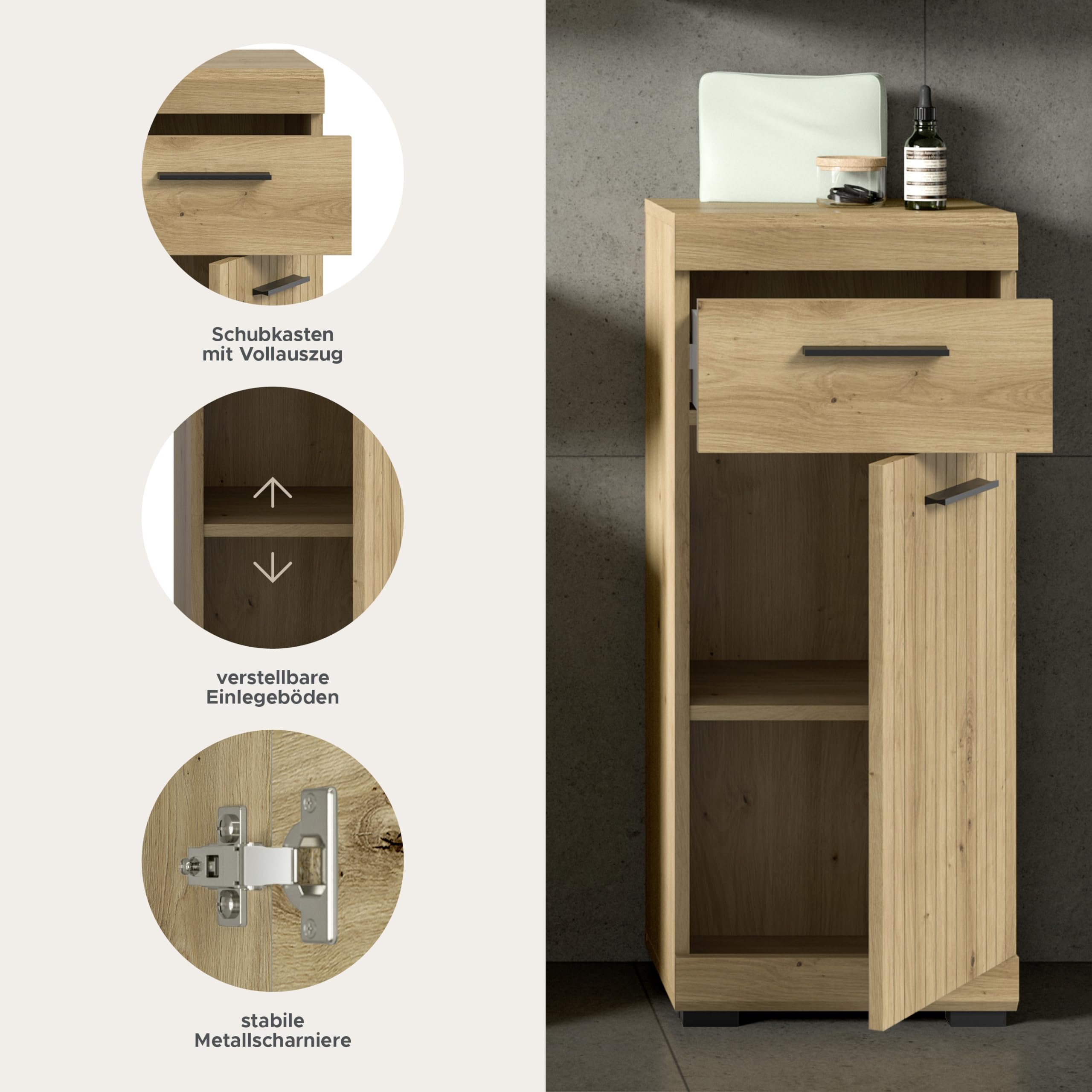 xonox.home - Standschrank Scout 37x88x31 cm in Artisan Eiche und schwarzen Akzenten - Midischrank Badschrank Badmöbel Schrank - schöner Blickfang hochwertig verarbeitet robust und langlebig – Bild 5
