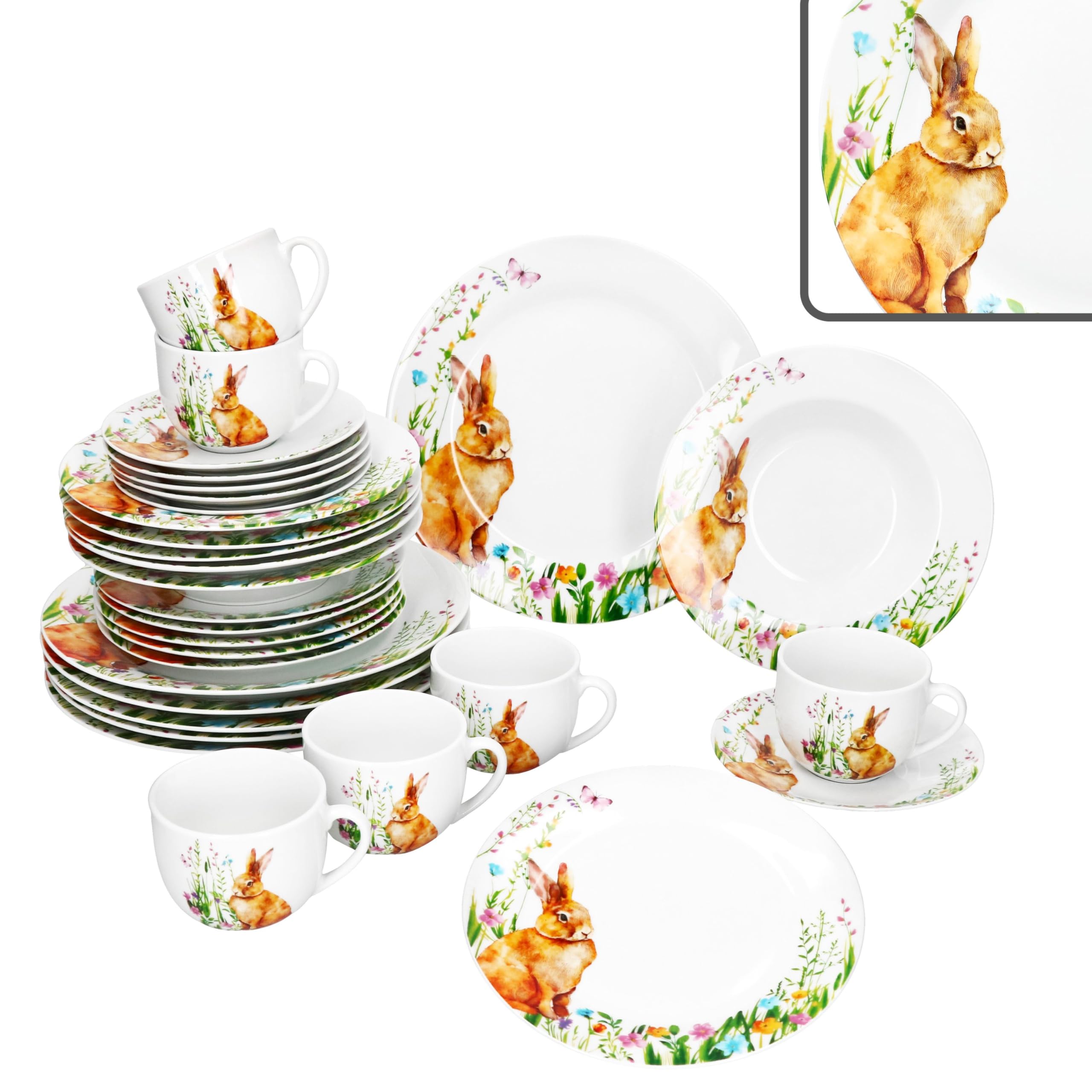 MamboCat 30tlg Kombiservice Osterfreude I frühlingshaftes Porzellan-Geschirrset mit Osterhasen-Dekor für 6 Personen I Je 6x Tassen, Untertassen, Kuchenteller, Suppenteller & Speiseteller