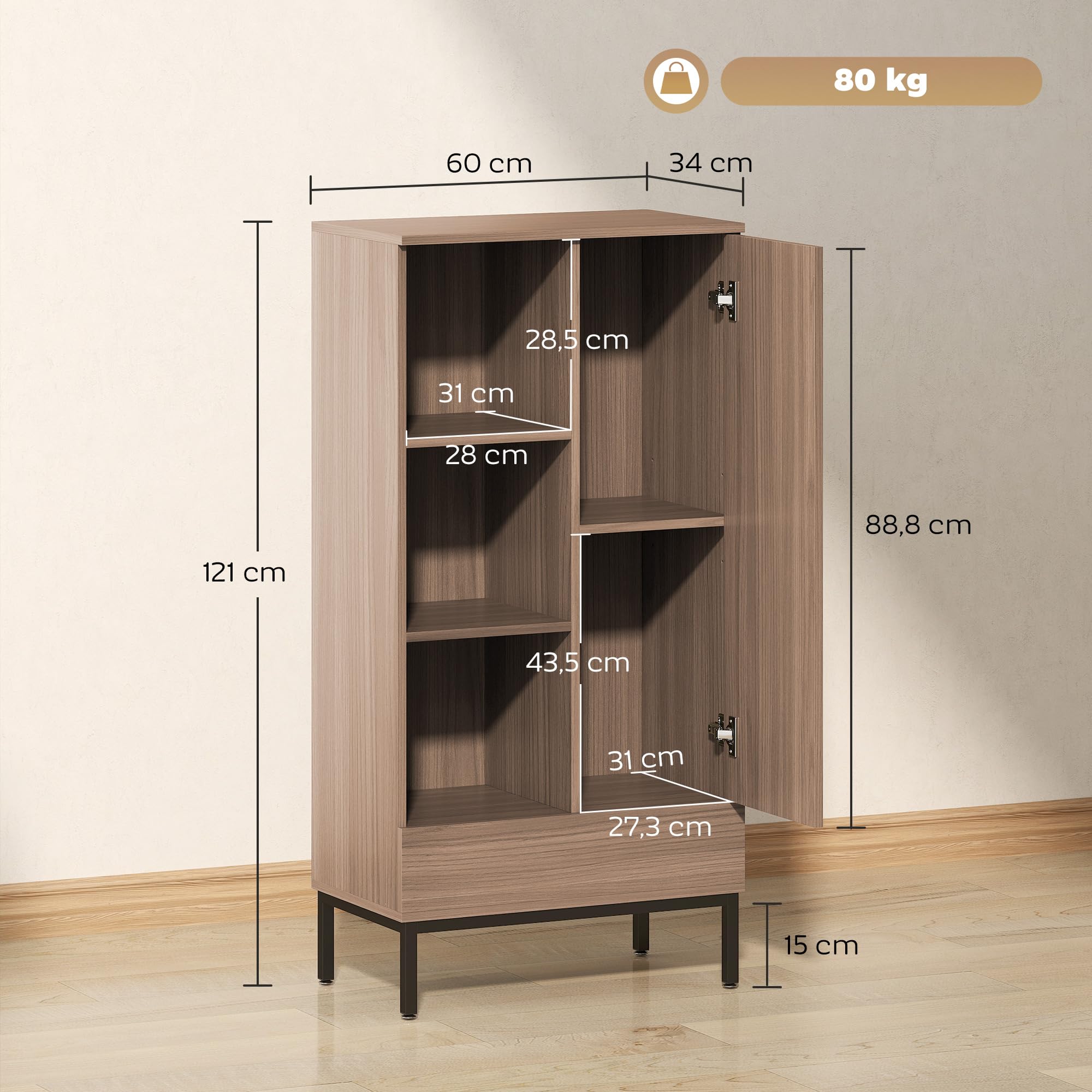 HOMCOM Aparador 1 Puerta Aparador para Salón Moderno con Cajón Estante Ajustable y 3 Compartimentos Abiertos para Comedor Entrada Dormitorio 60x34x121 cm Natural