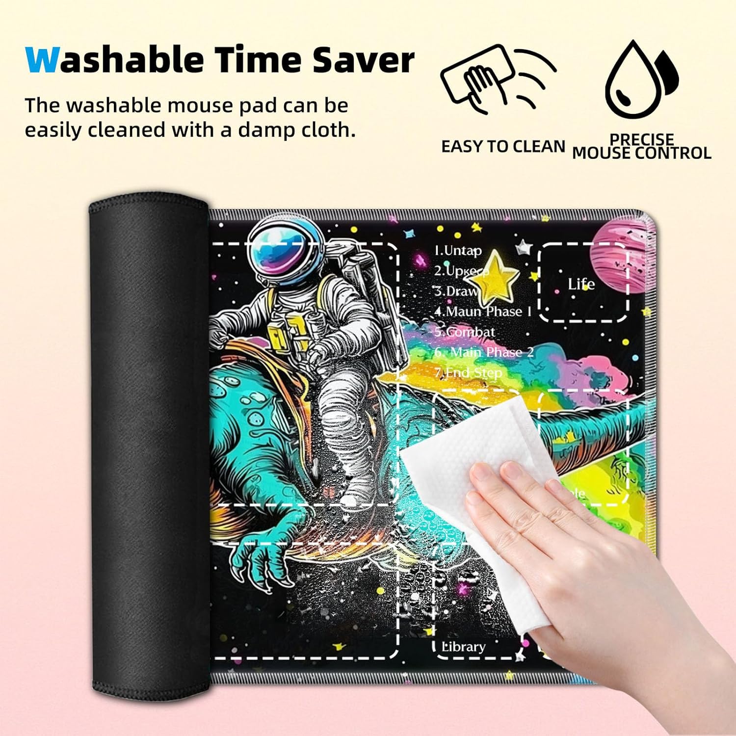 Premium CCG Playmat with 6 Gaming Zones | 28x16 Non-Slip Rubber Surface MTG Mat | Black Play Card Storage Pouch for TCG Playmat | Cool Astronaut and Dinosaur