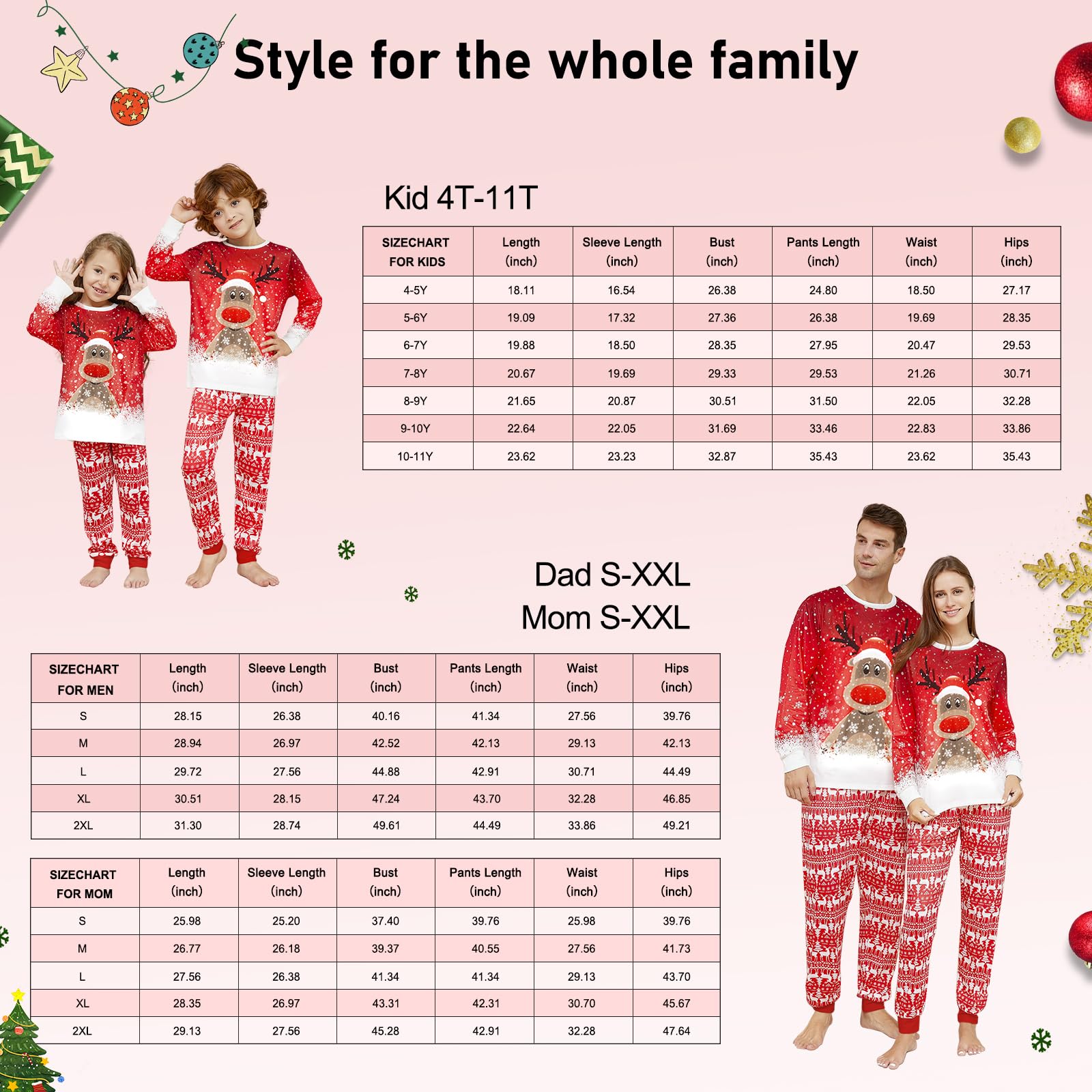 Pijamas Navidad Familia, Conjunto de Pijamas Familiares Navideños, Ropa de Dormir Larga, Mangas de Dormir, Bonito Estampado de Alce, Adecuado para Mujeres, Hombres, Niños y Bebés, Rojo