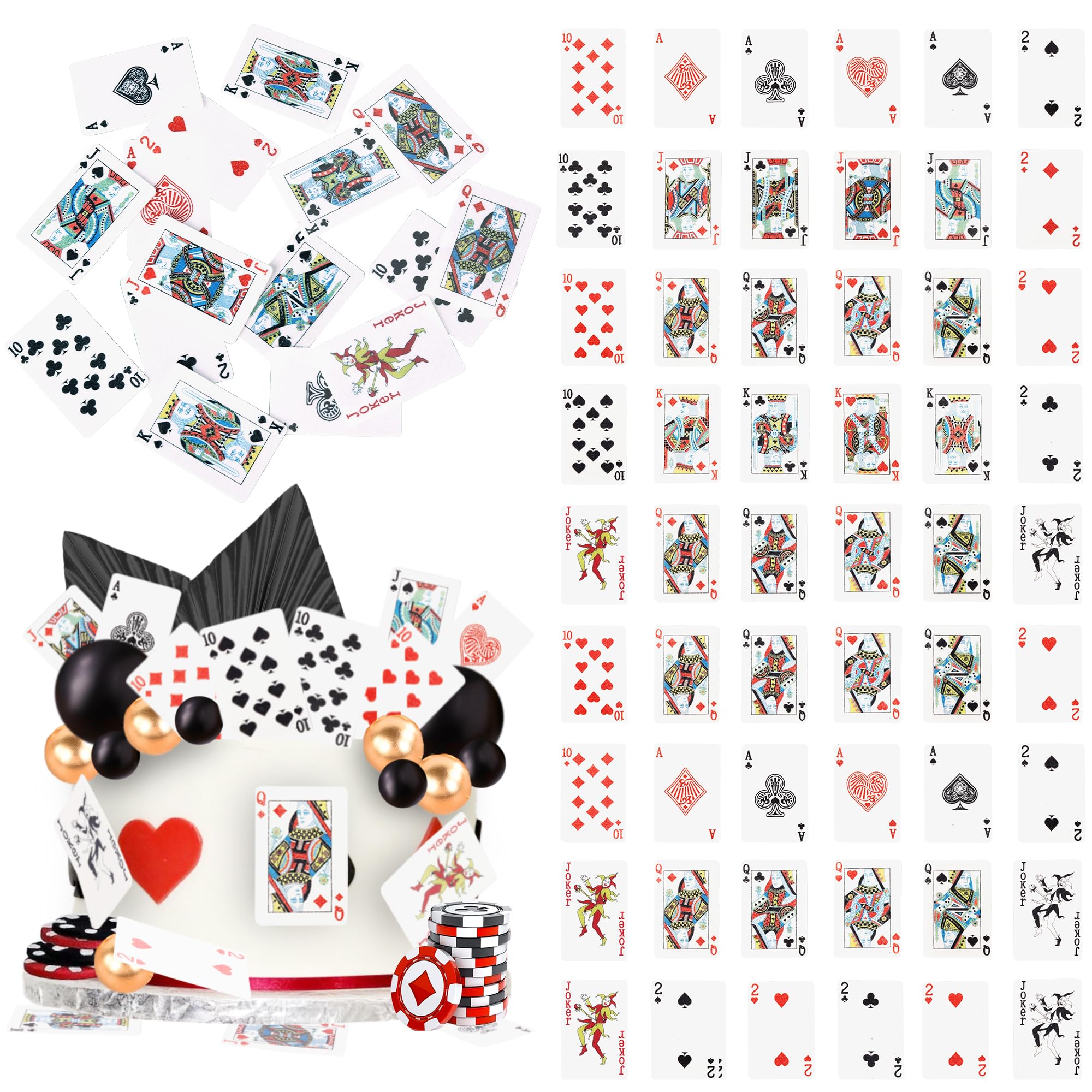 SYKYCTCY 52 Edible Casino Poker Cupcake Toppers Playing Cards Party Decorations Poker Game Cupcake Picks Edible Casino Cake Toppers for Las Vegas Casino Night Poker Party Food Decorations Supplies
