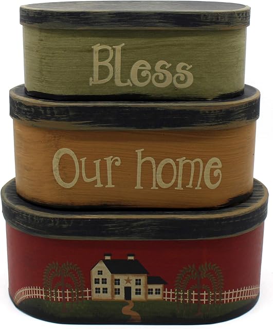 CVHOMEDECO. Primitives Rustic Oval Bless Our home Cardboard Nesting Boxes, Large 9.75 x 5.5 x 4 Inch, Set of 3.