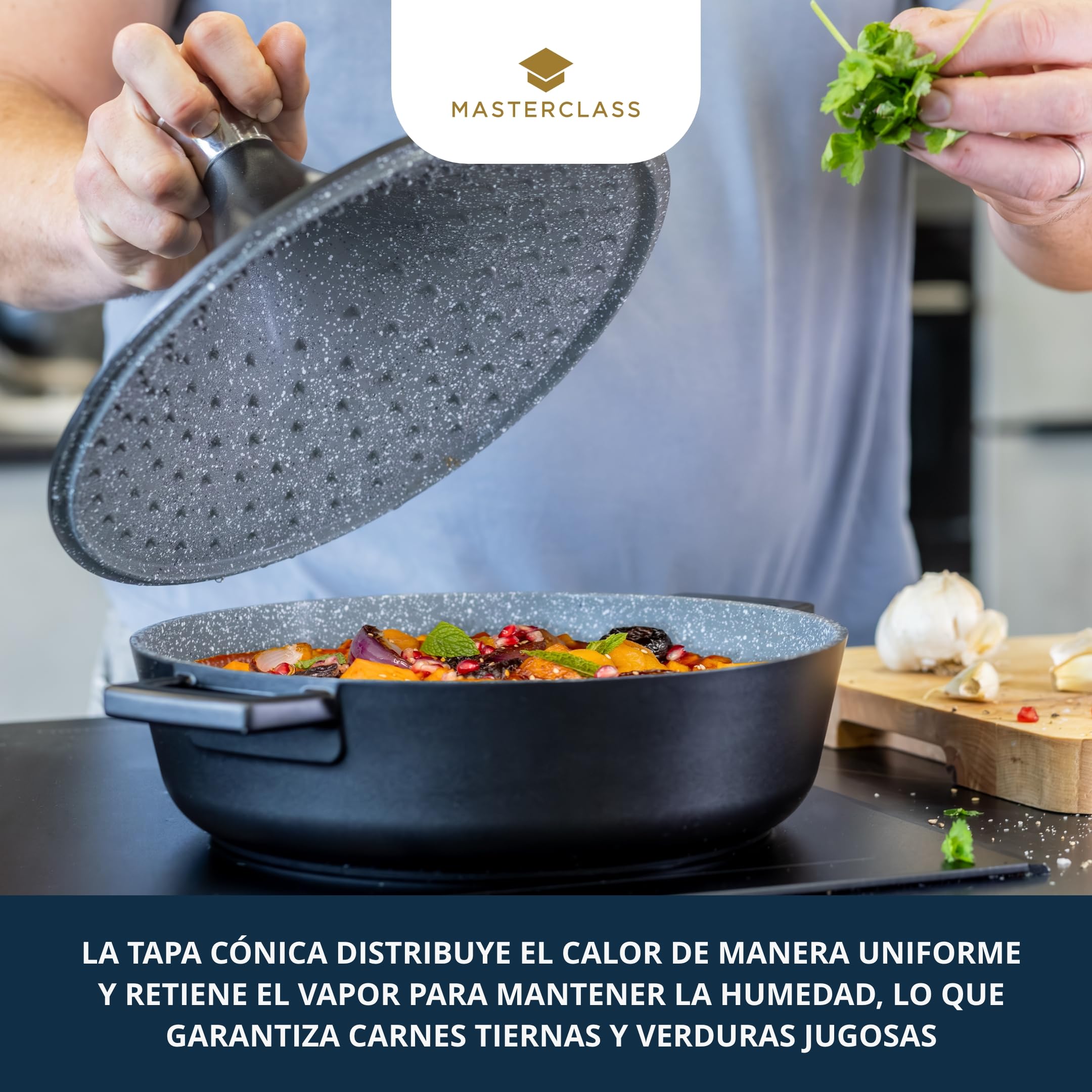 MasterClass Cast Aluminium Tagine Dish with Self-Basting Cone Lid, 4L Non-Stick Round Casserole, Induction Hob to Oven Cookware, Dishwasher Safe, Oven Safe, 28cm, Black
