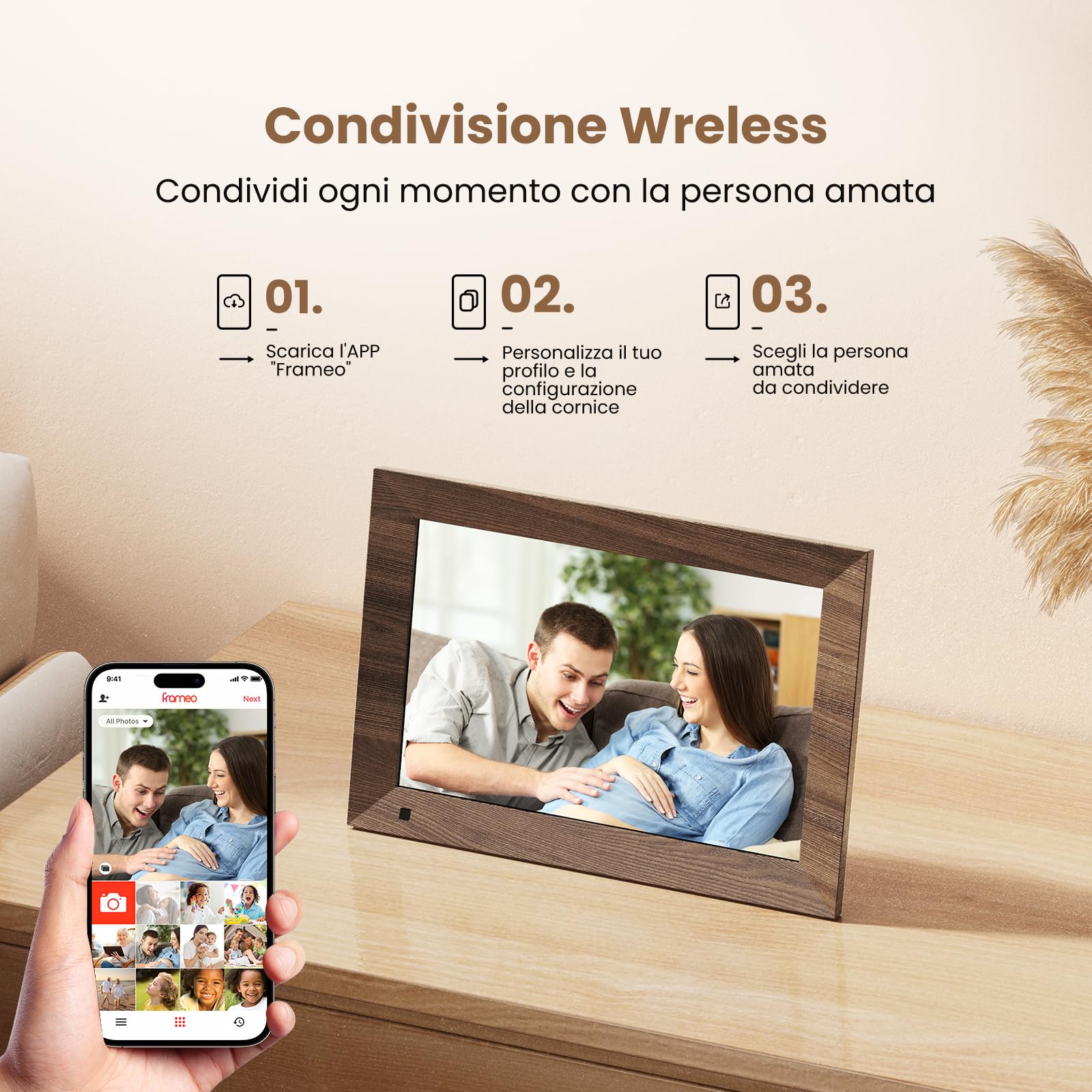 Marco de Fotos Digital WiFi 10.1 Pulgadas SONVGOO, Pantalla táctil IPS HD de 1280×800 con 32 GB, Sensor de Movimiento, Montaje en Pared, Comparte Videos y Fotos con La Aplicación FRAMEO, Marrón Madera