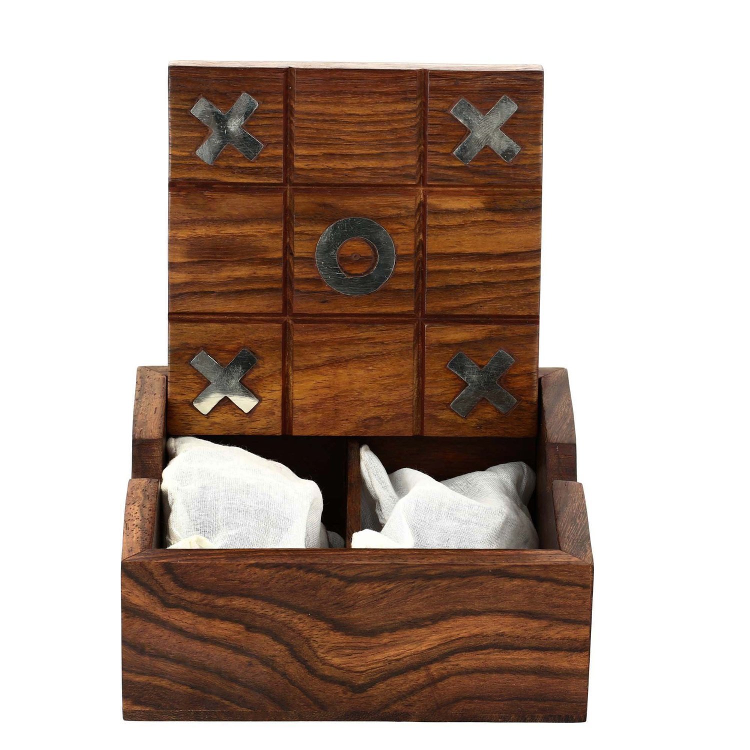 SKAVIJ Handmade Wooden Tic Tac Toe Travel Board Game - Brown Mango Wood Classic Game For Kids & Adults