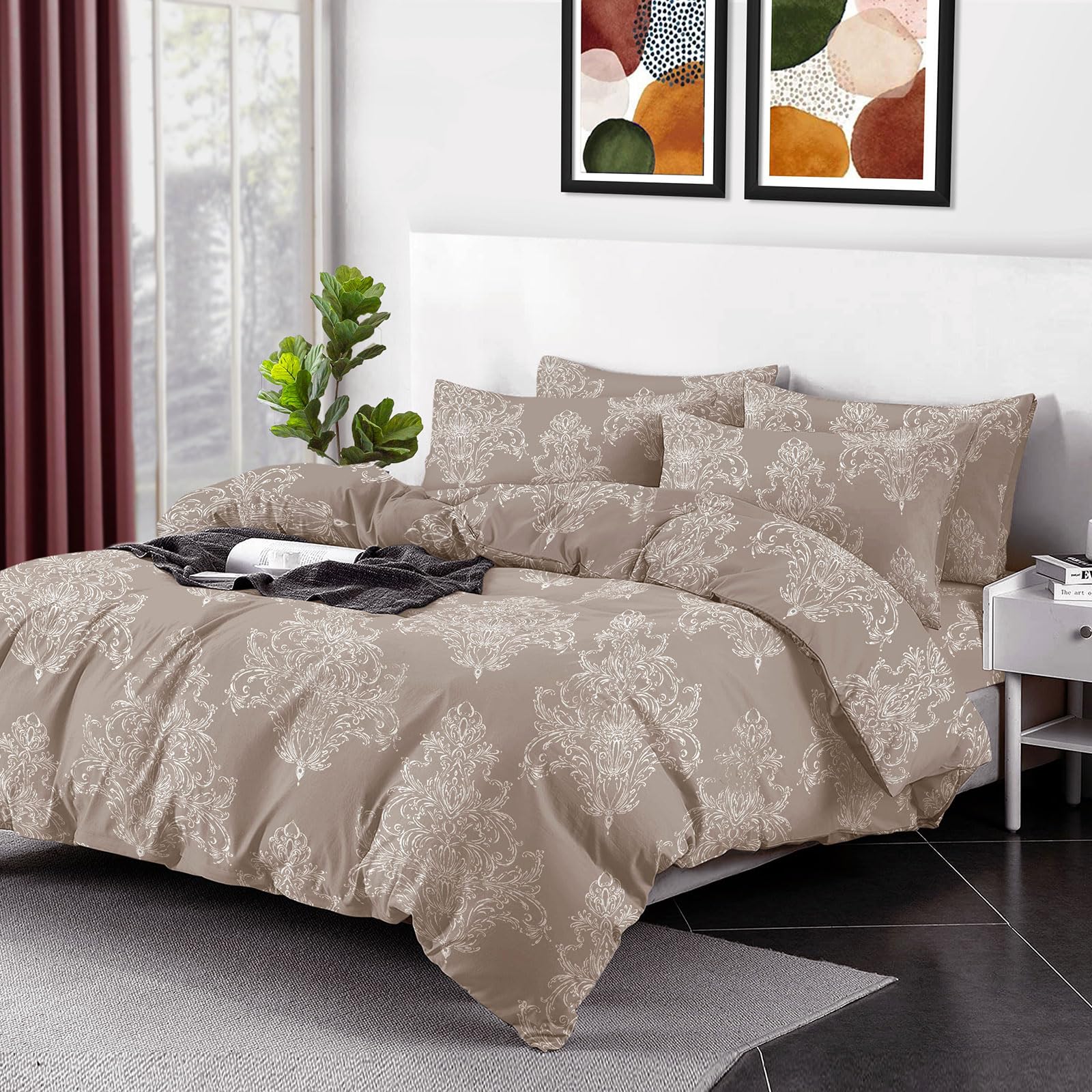 4PCS 100% Egyptian Cotton Printed Duvet Cover Set with Fitted Sheet and 2 Pillowcases - 400 Thread Count King Size Duvet Cover Reversible Floral Bedding Set (Beige Bliss, Double)