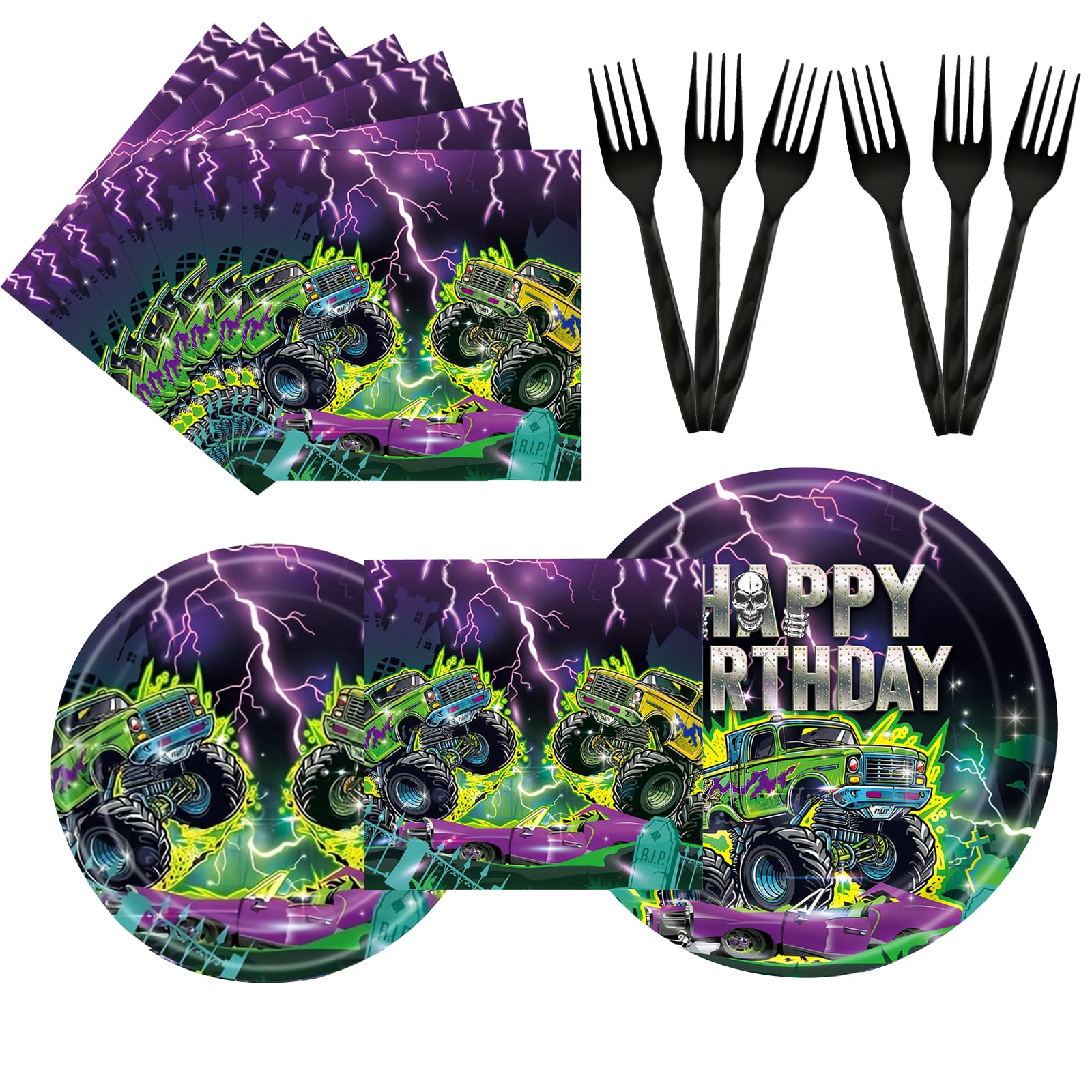 GREAWOD 96PCS Monster Truck Birthday Party Supplies, Monster Theme Jam Party Decorations Tableware, Plate, Napkin, Fork, Monster Truck Birthday Plate And Napkin Decorations Dinnerware