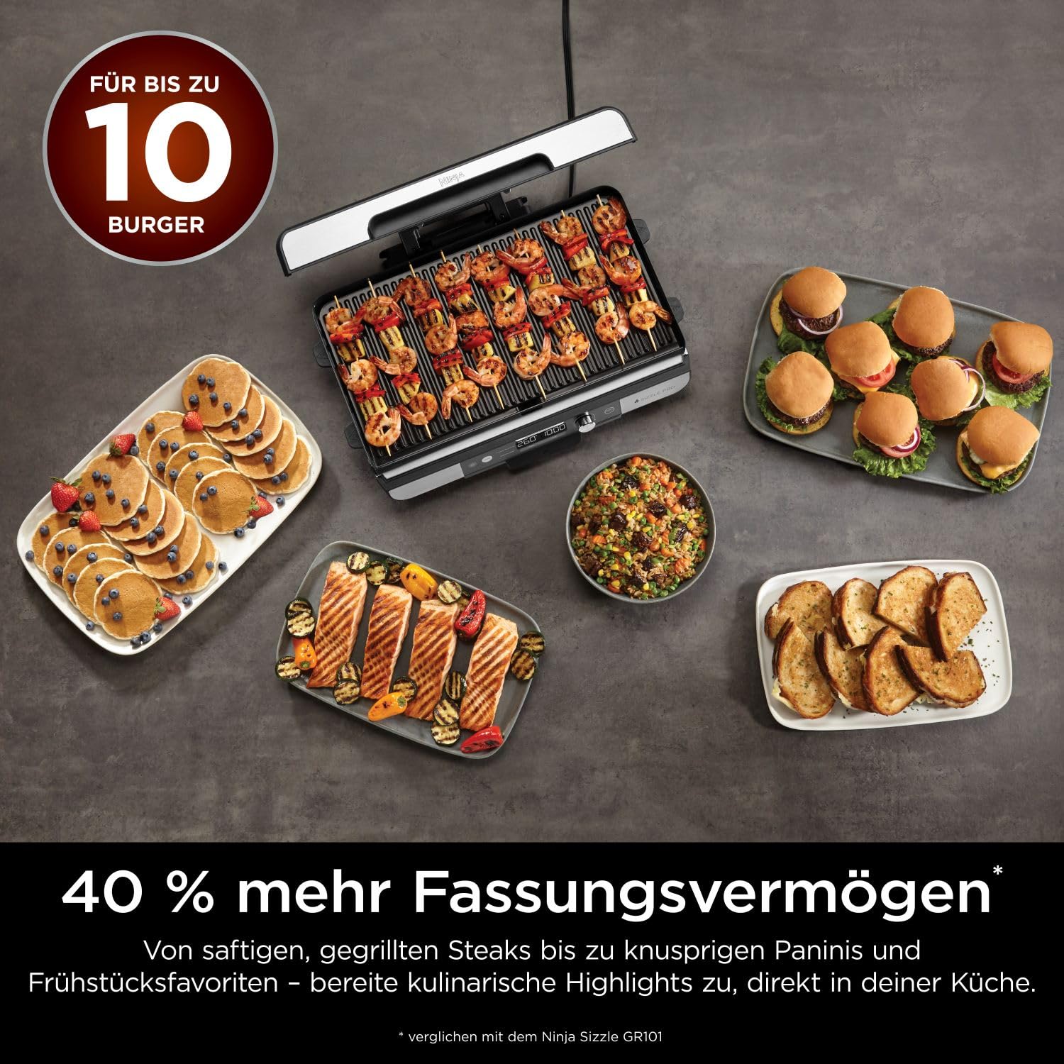 Ninja Sizzle Pro XL Indoor-Grill & Plancha GX101EU, Keramikbeschichtung, abnehmbarer Deckel, Silber/Schwarz