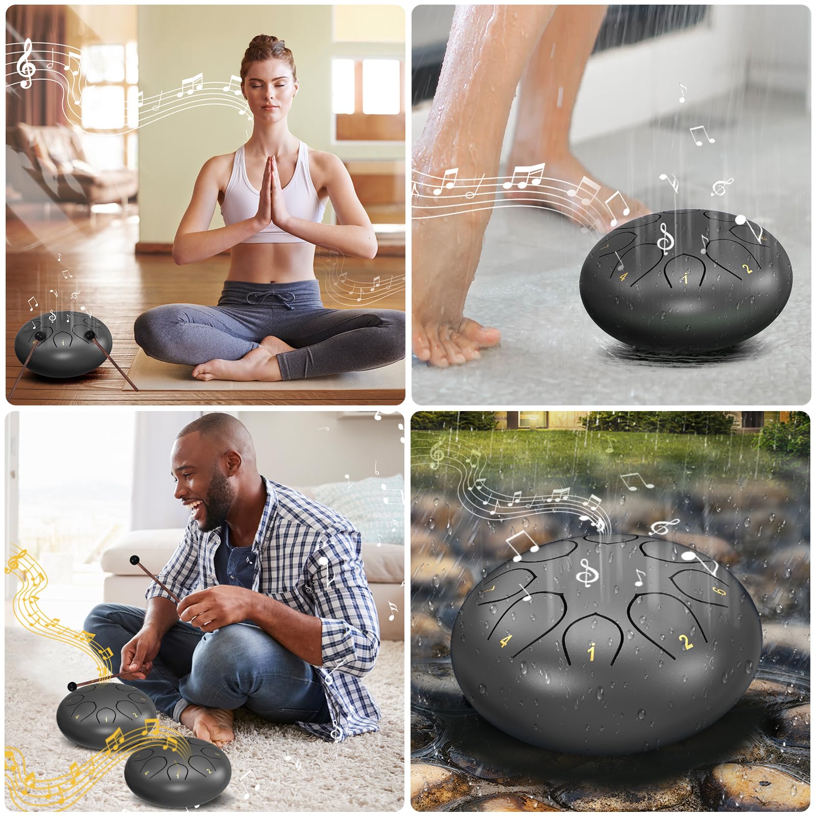 Rain Drum for Outside Garden, 6 Inches 8 Notes Steel Tongue Chakra Drums, Waterproof Echo Rain Chime Meditation Drums, Musical Instruments for Adult Gift with Bag, Music Book, Drum Mallets (Black) 6