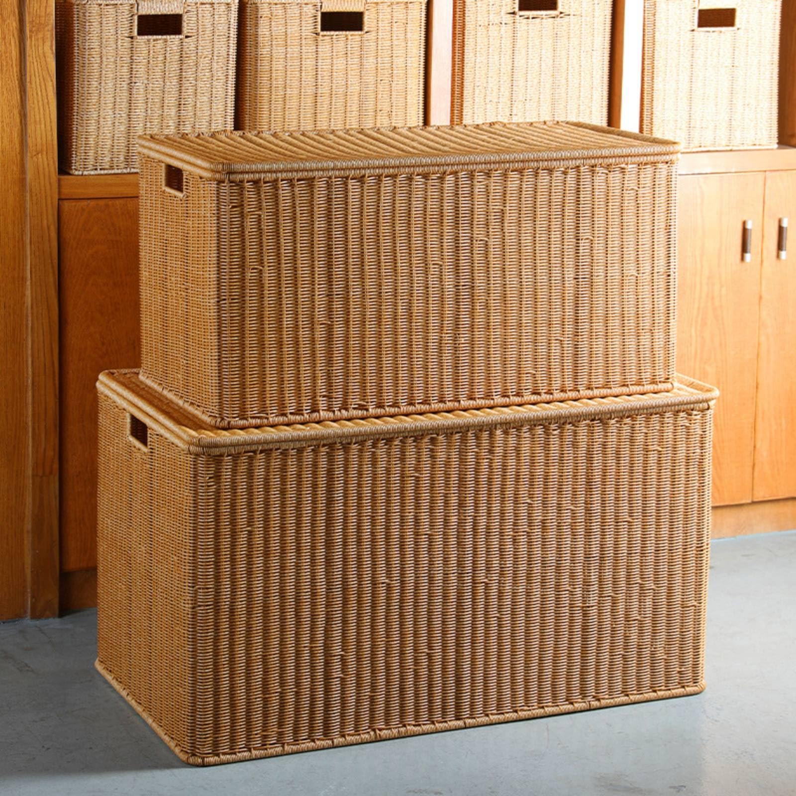 Baúl de Almacenamiento Grande Rattan Imitación Organizador Arcón con Tapa Contenedor con Asas Diseño Tejido y Marco Firme Adecuado para Salón, Marrón Claro, 79.5X40X38.5/40CM