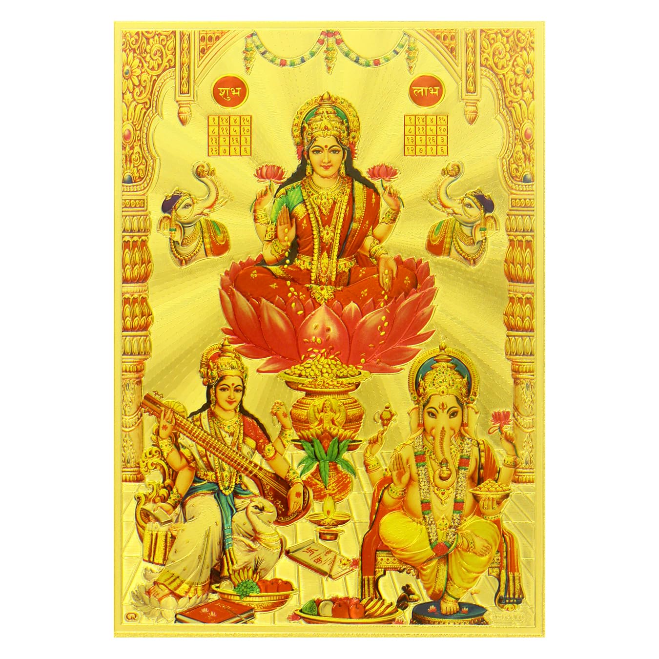 Yogic Mantra Laxmi Ganesh Saraswati Photo | Unframed 5x7 Inch | 180 GSM Gold Foil Paper | Embossed Printing | Lakshmi Ganesha Saraswati Wall Decor Poster | Diwali Art Gift | Home Mandir, Office Temple