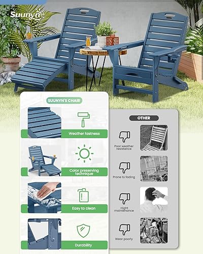 Miniatura 5 de Juego de 2 sillas plegables Adirondack con otomana retráctil, sillas Adirondack de plástico con 2 portavasos, silla de patio resistente a la