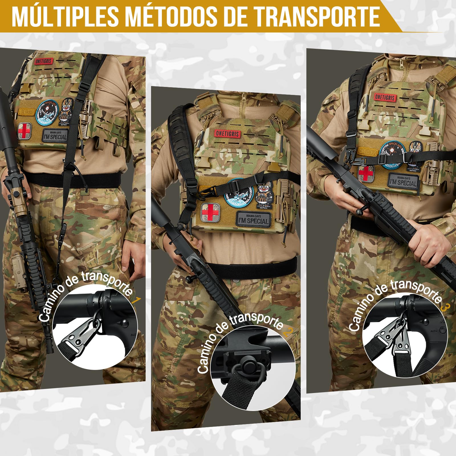 OneTigris Correa de Rifle de 2 Puntos, 2,5 cm de Ancho con Mosquetones Intercambiables Estilo HK, Ajustable 56-70 Pulgadas, Negro