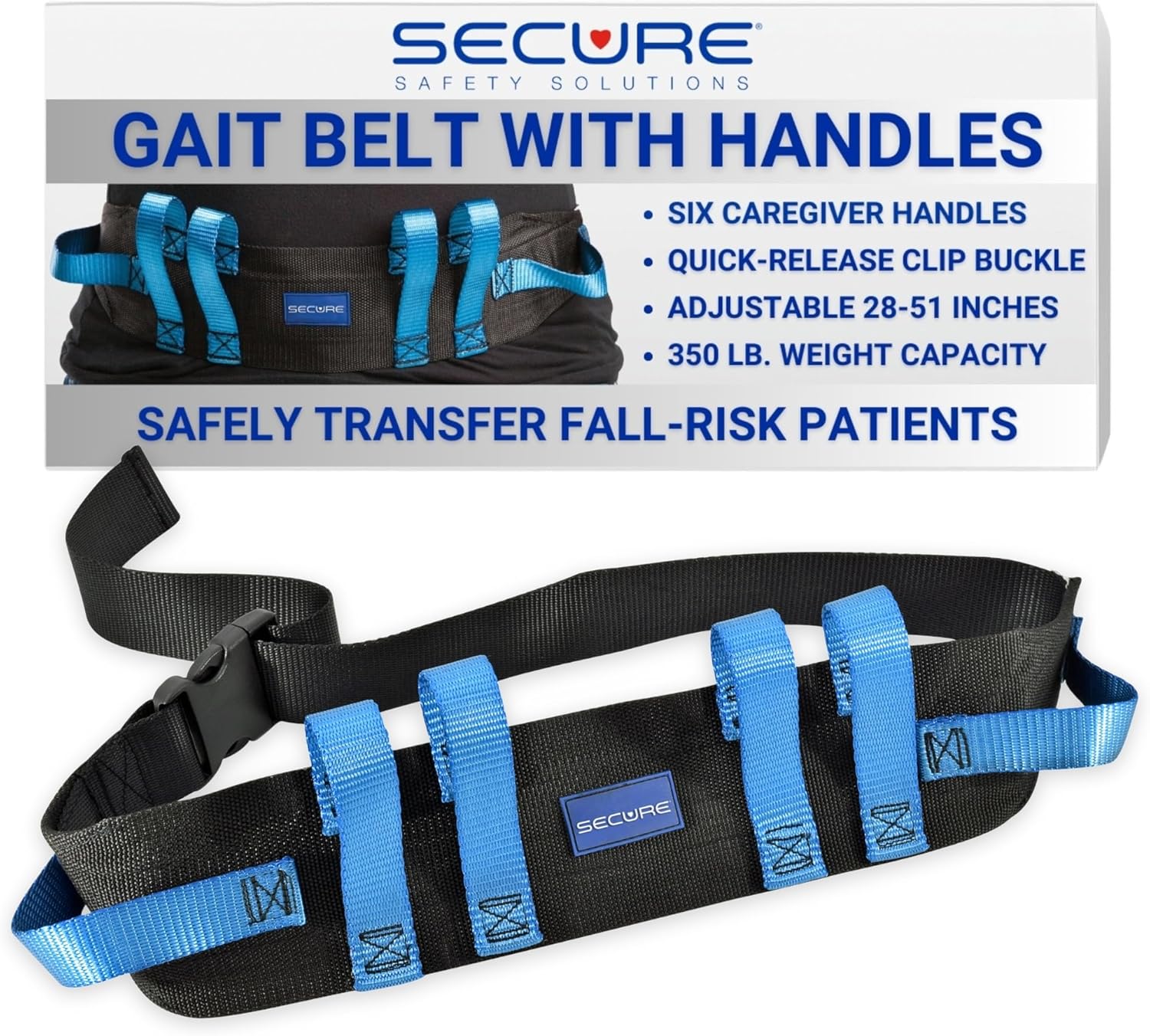Secure Gait Belt for Seniors (350 lbs) – Transfer Belt with 6 Handles & Quick-Release Buckle, Walking Gait Strap for Lifting Elderly, Patient Lift Aid, Physical Therapy, Medical Nursing Safety Assist
