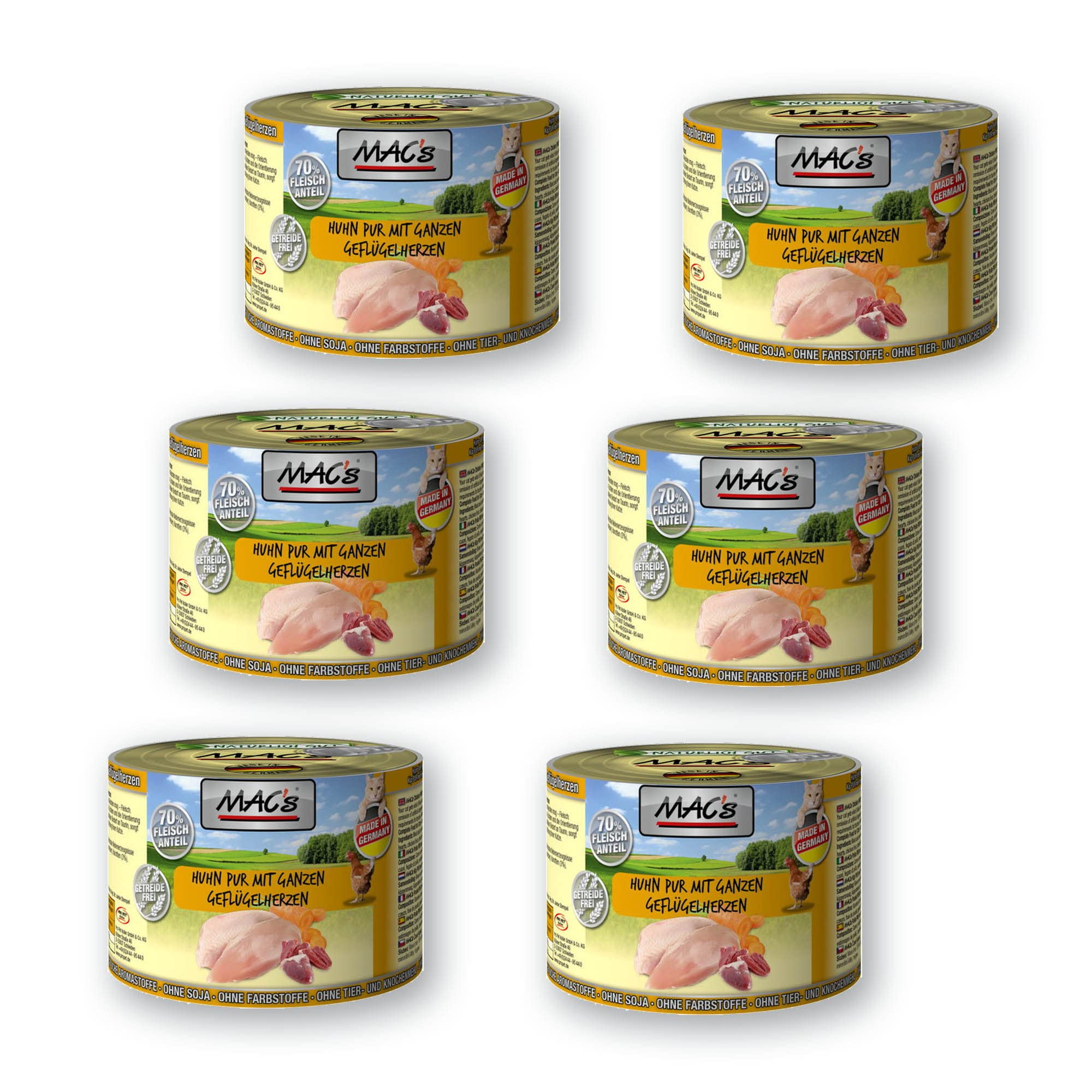 Mac's Cat Katzenfutter Huhn mit ganzen Geflügelherzen Nassfutter Dosen 6x200g