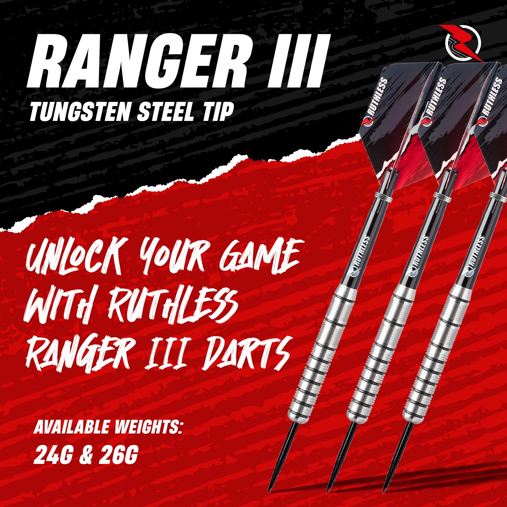 RUTHLESS Ranger III Professional Tungsten Steeltip Darts Set in 24g and 26g, with Flights and Stems Shafts (26g) - Image 2
