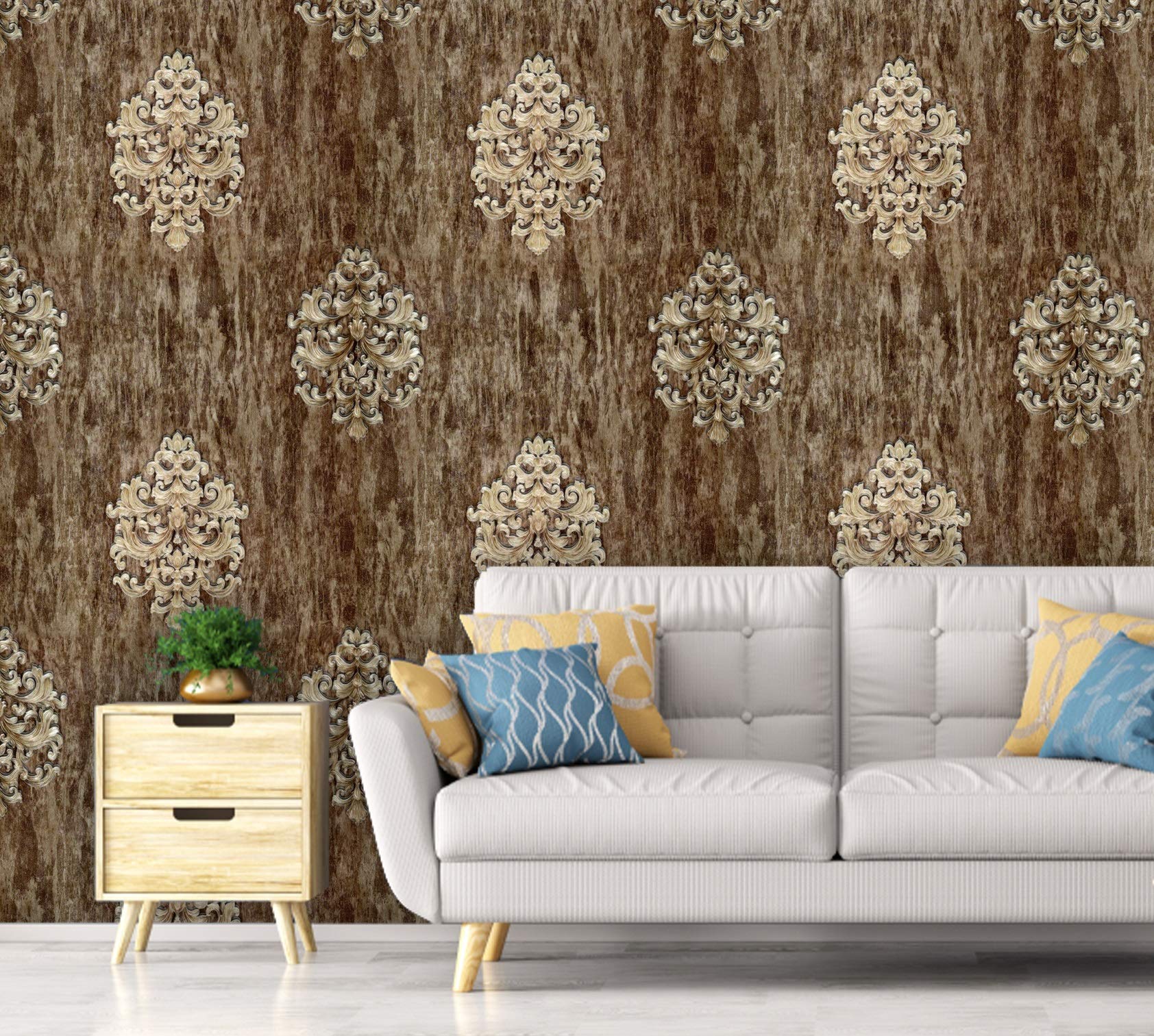 Konark Designer Wallpapers DECOR Vinyl Damask Design Emboss Finish Wallpaper (57 Sq ft Per Roll, Brown and Gold)