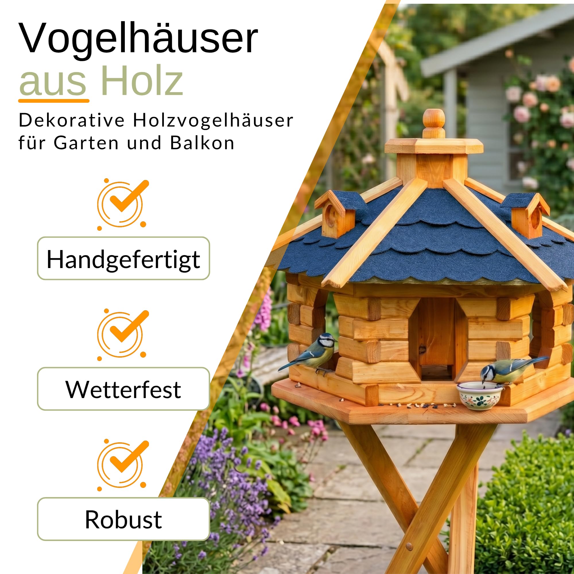 Deko-Shop-Hannusch Vogelhaus wahlweise mit Ständer und Solarbeleuchtung, Verschiedene Größen L - XXL, Futtersilo, wetterfestes Bitumendach (Größe Standard L, schwarz)