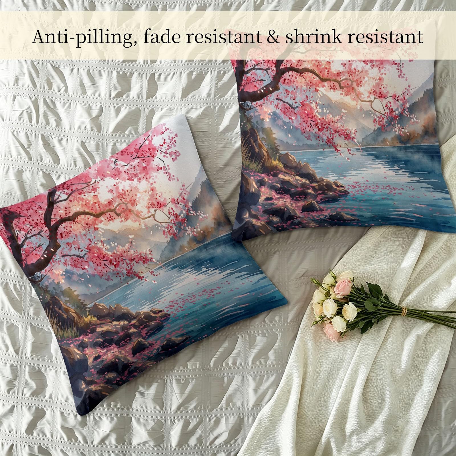 Kołdra w japońskim stylu, bez poszewki, 7,5 Tog Cherry Blossom Lake - miękka, lekka kołdra na wszystkie pory roku - kołdra 240 x 220 cm z 2 poszewkami na poduszki, można prać w pralce