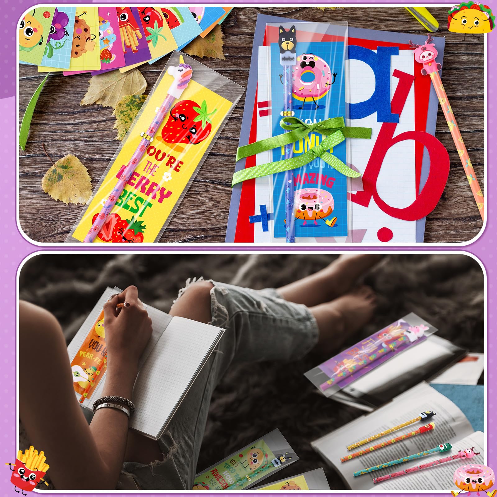 Outus Lot de 30 crayons parfumés mignons et marque-pages parfumés inspirants pour étudiants - Crayons en bois amusants sur le thème des fruits avec gommes d'animaux - Cadeaux en vrac pour l'école et