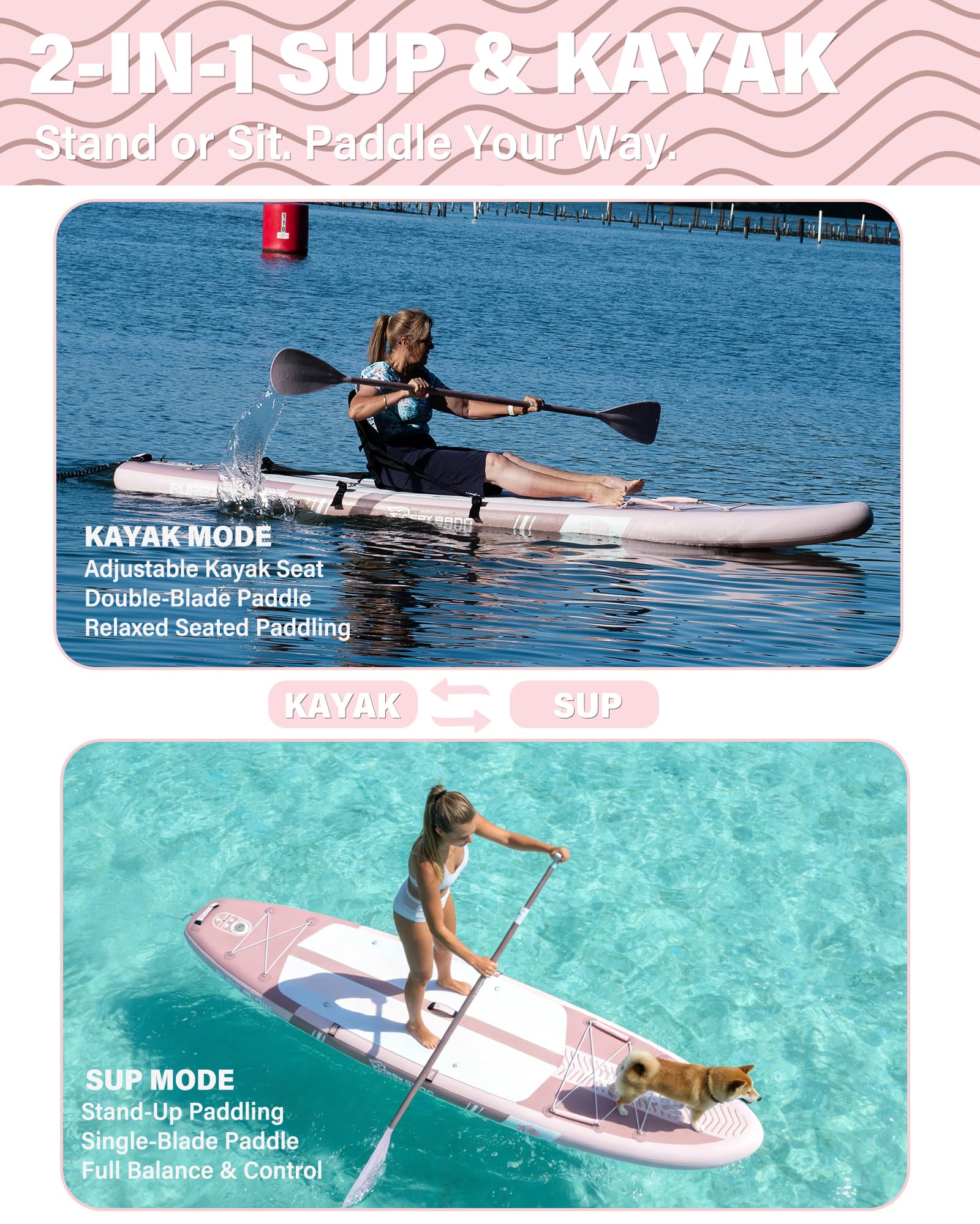 TIGERXBANG Tabla Paddle Surf Hinchable con Asiento, 335x86x15cm Stand Up Paddle Board para Adultos/niños, Kit Completo de Surf ISUP, Rosa