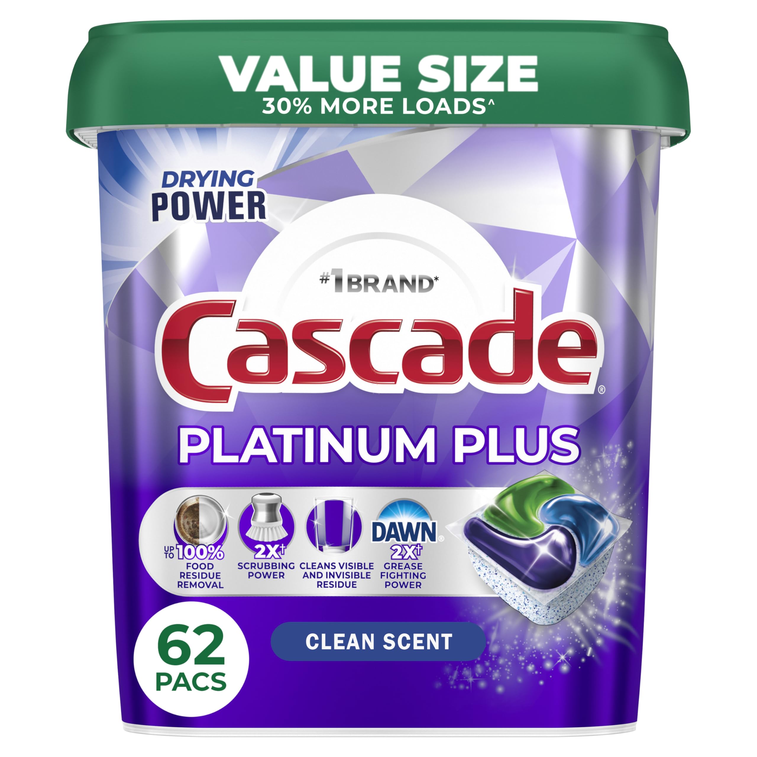 Cascade Platinum Plus Dishwasher Pods, Dish Detergent Soap, Fresh, 62 Count