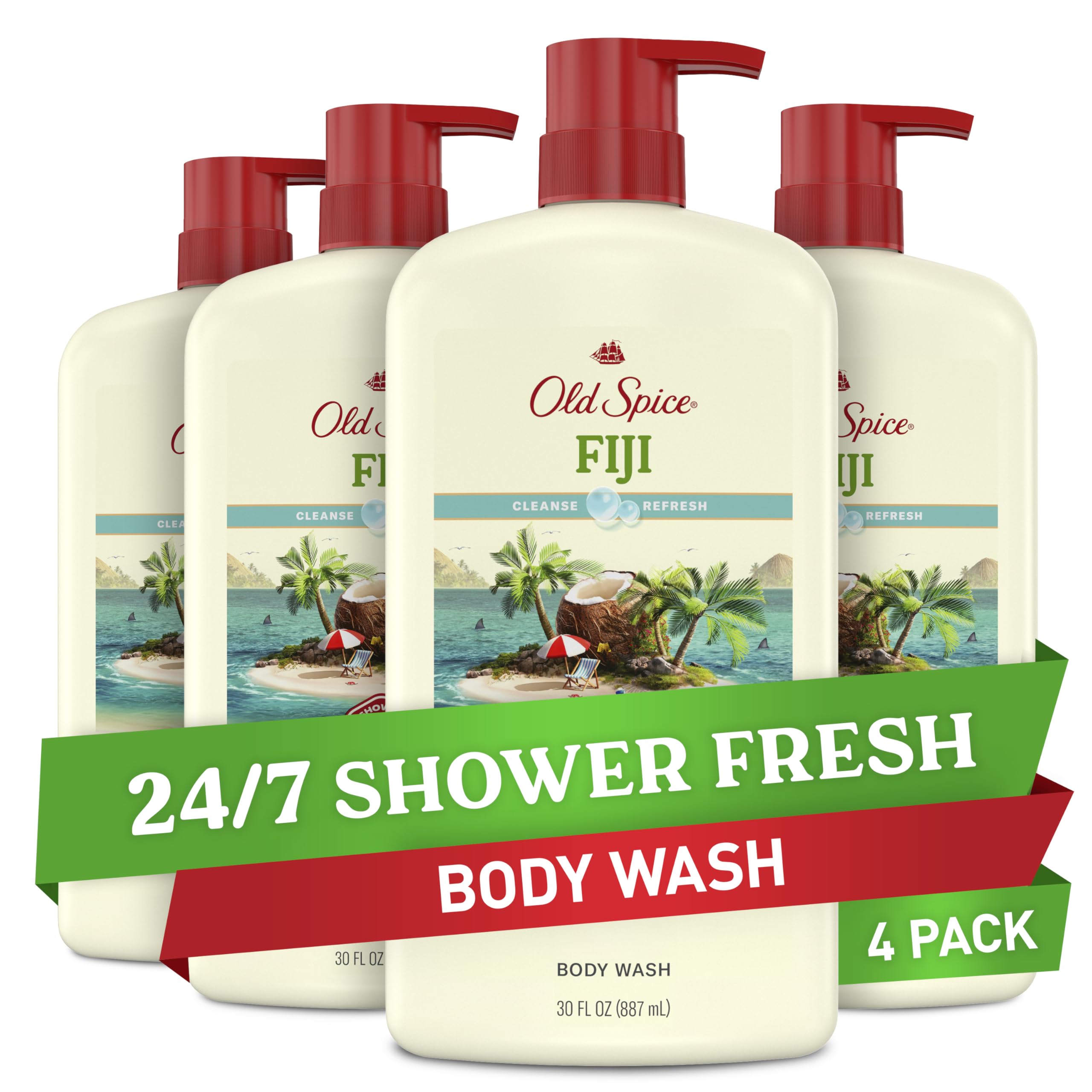 Old SpiceCleansing Body Wash for Men, 24/7 Shower Fresh with Lasting Scent, Cleanse & Refresh, Gentle on Skin, Vitamin B3, Fiji with Palm Tree + Coconut Scent, 30 oz (Pack of 4)