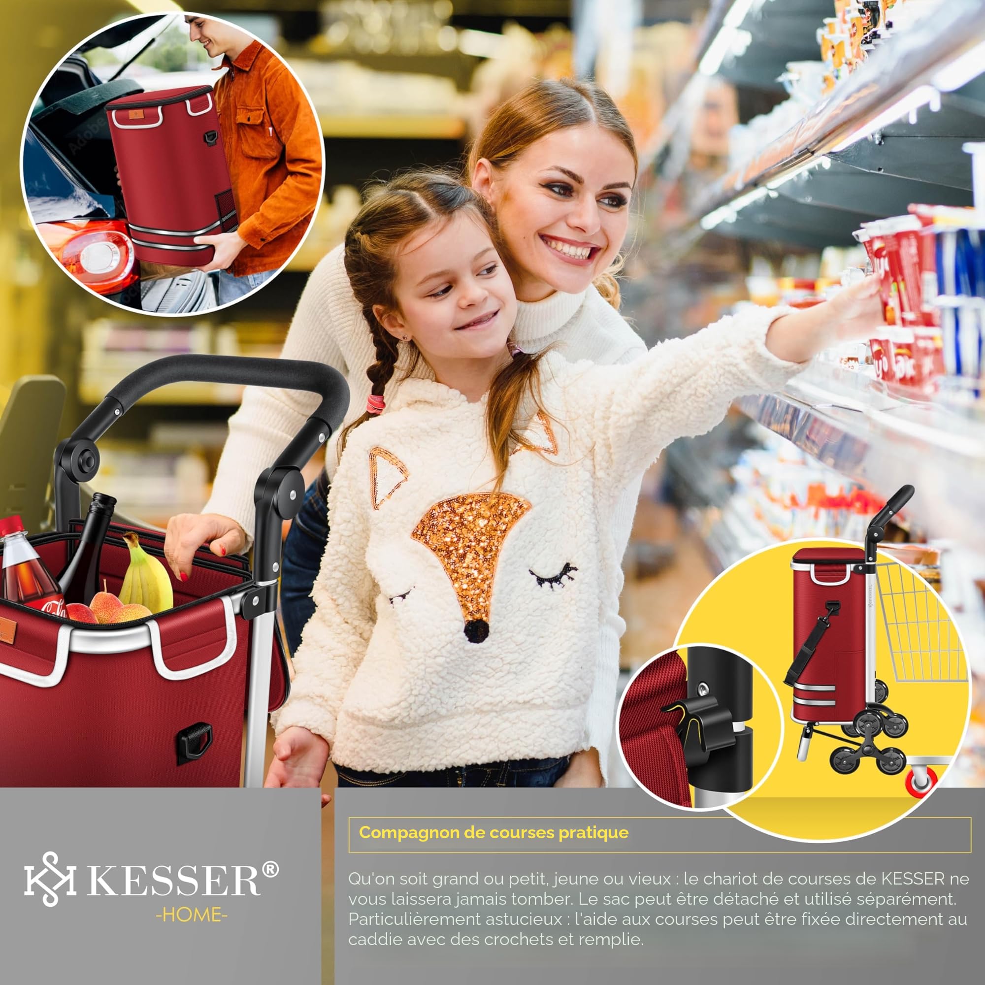 KESSER Chariot à provisions 56 L 50 kg pliable 3 en 1 avec compartiment réfrigérant Bordeaux