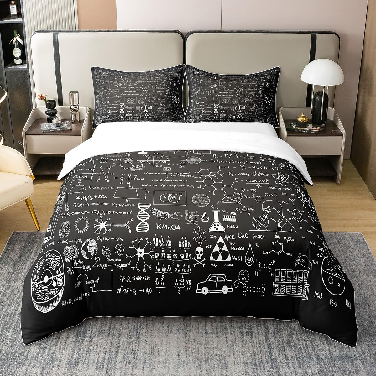 Loussiesd Juego de ropa de cama 100% algodón, 135 x 200 cm, con fórmula científica, juego de ropa de cama para niños, diseño geométrico con números, funda nórdica y cierre de cremallera
