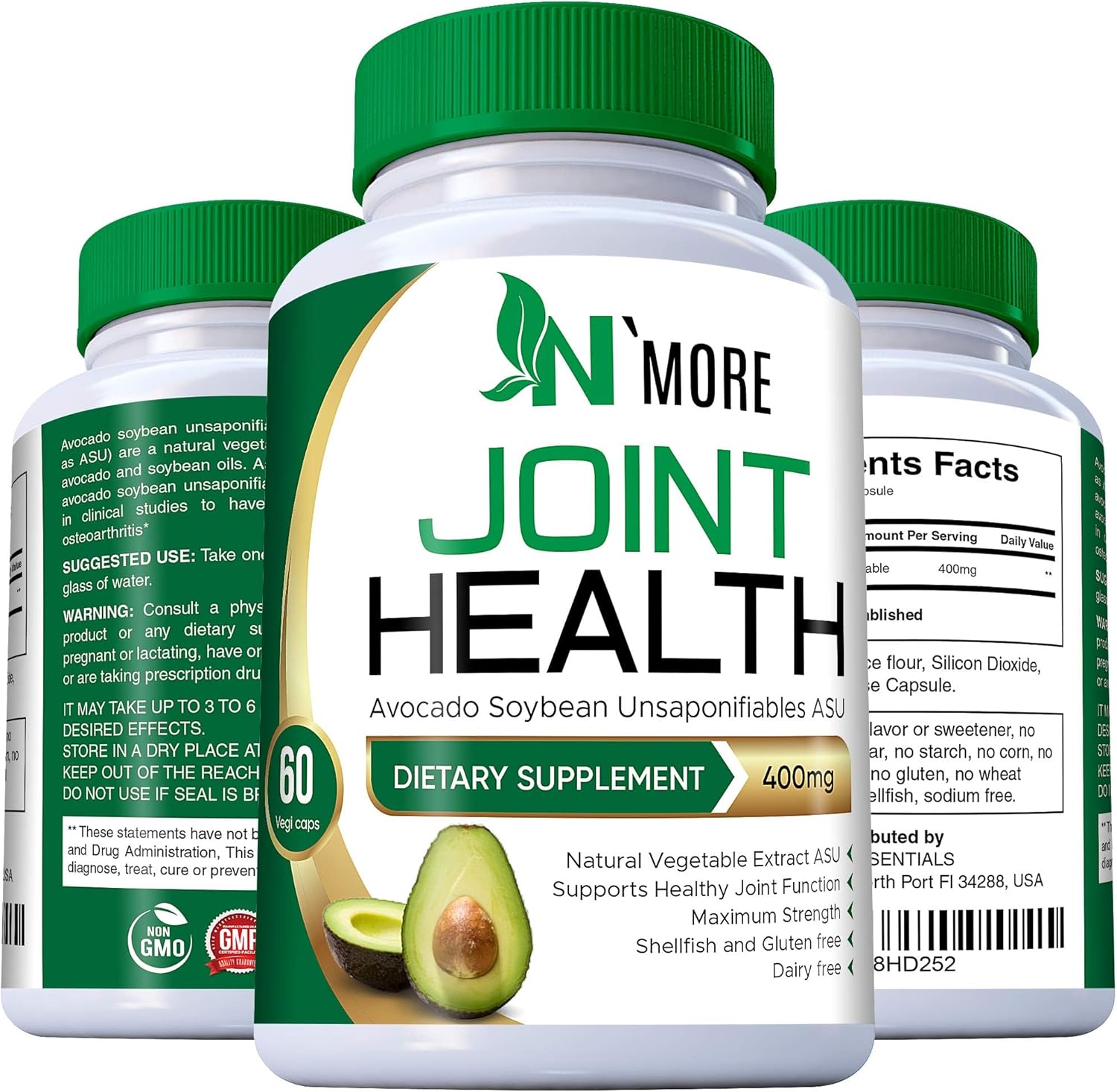 N'More Avocado Soybean Unsaponifiables Joint Health Supplement 400 mg, Non-GMO, Dairy, Gluten & Shellfish Free, 60 Day Supply, One Capsule Per Day