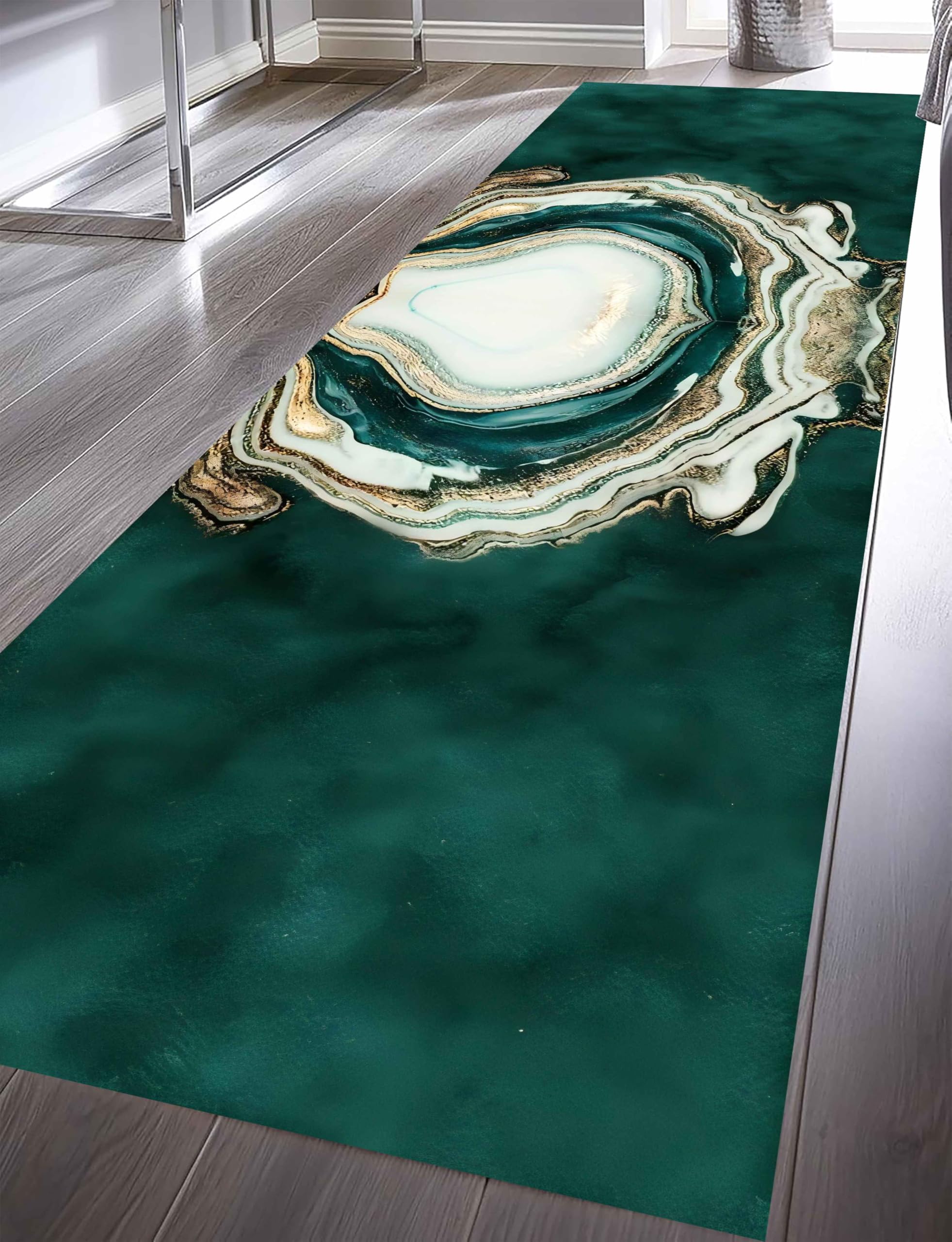 Kuluoits Green Runner Rug,80x200cm, Marble Emerald White Swirl Abstract Art Aesthetic Non-Slip Hallway Carpet, Washable Easy to Clean Interior Decoration Floor Carpet for Living Room Dining Room