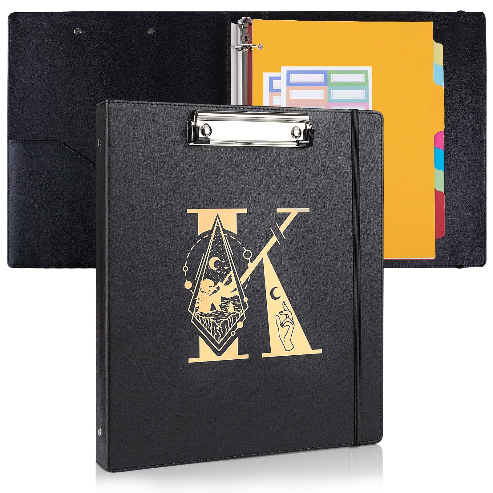 FIODAY 3 Ring Binder 1 Inch Letter Design Three Ring Binder PU Leather Binders with 8 Tab Dividers Decorative Clipboard Binder Organizer for School Office Supplies K