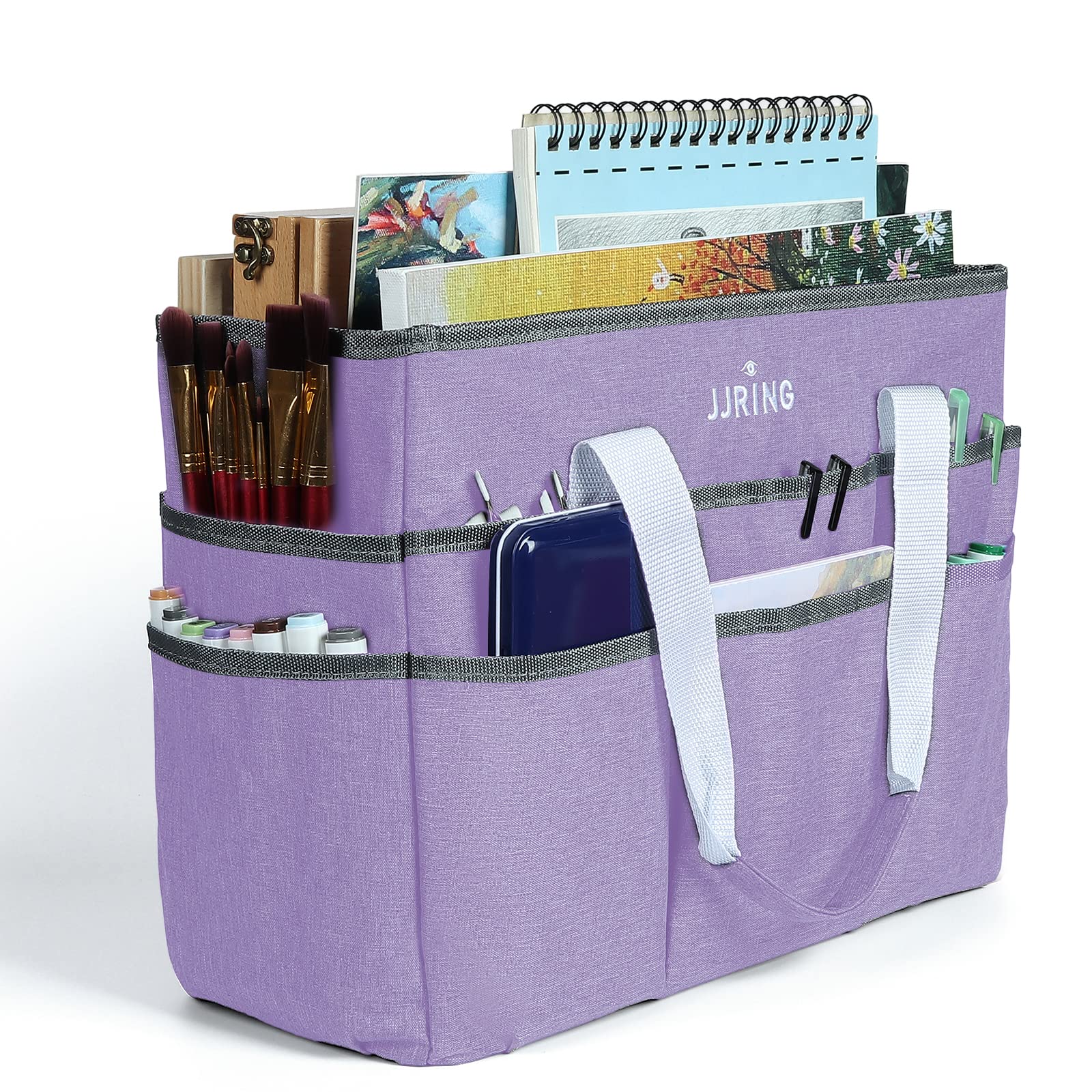 JJRING Craft Organizer Tote Bag, Large Art Storage Caddy with Multiple Pockets, Lilac Sewing Bag for Art, Craft, Scrapbooking, School, Medical, and