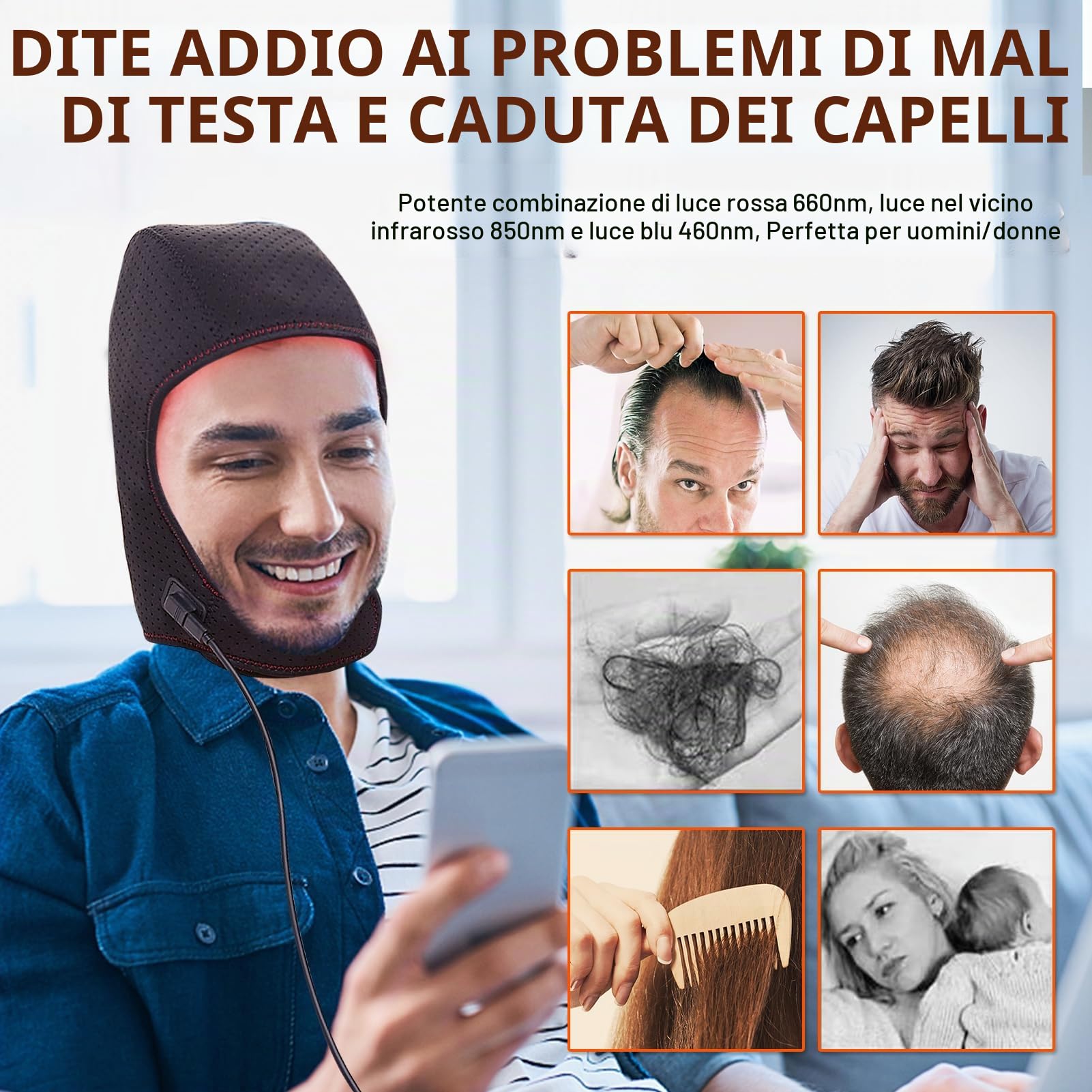 JOBYNA Terapia della Luce Rossa e Infrarossa e Blu per la Ricrescita dei Capelli, 460nm 660nm 850nm LED Lampada a Raggi Infrarossi, Luce Rossa Terapia per la Caduta dei Capelli, Dolore, Mal di Testa