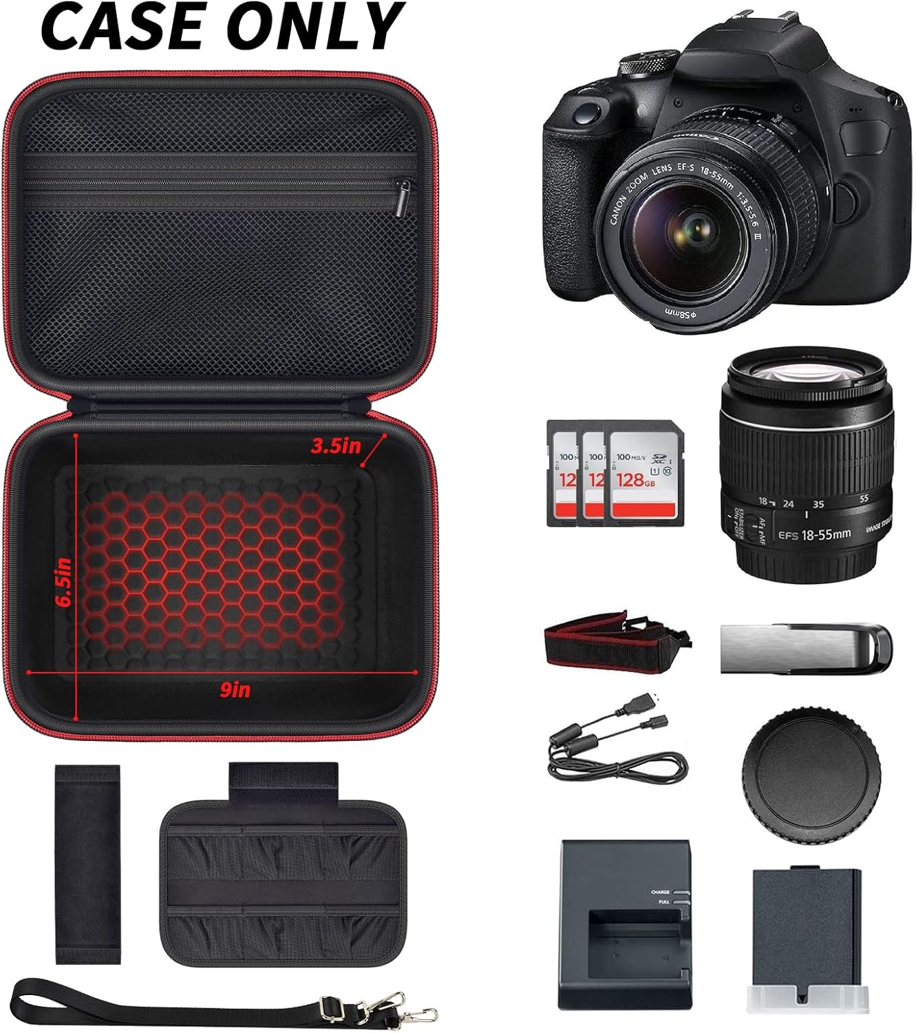 Comecase Hard Camera Case for Canon EOS Rebel T7 R50 R100 R10 R5 R6 R8 Mark II, DSLR Mirrorless Camera Bag with 6 Slots &Adjustable Divider for Lens and Accessories, Travel Storage, Black+Red Zipper - Image 2