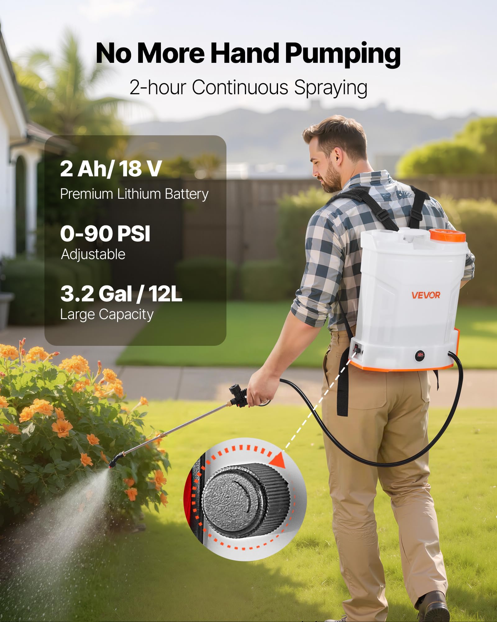 VEVOR Akku-Sprühgerät, 12 L, elektrischer Rücken-Drucksprüher, 2 einziehbare Stäbe und 5 Düsen, einstellbar 0–6 bar, 2 Stunden Laufzeit, tragbarer Pumpsprüher für Hof, Garten und Rasen