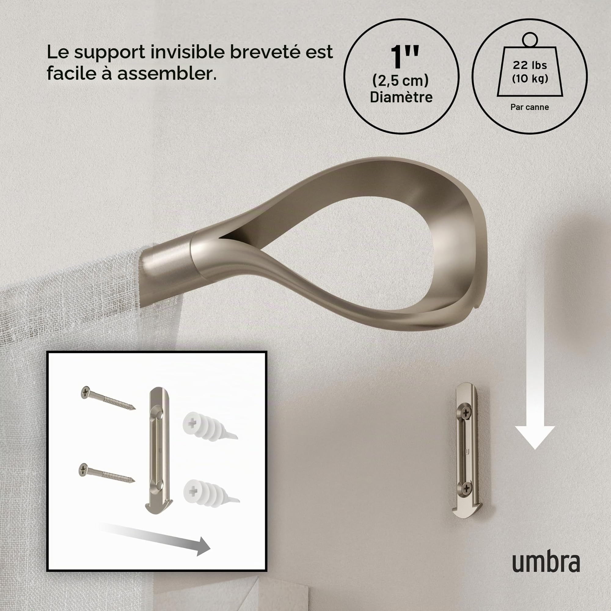 Umbra Loop Tringle à rideau réglable de 2,5 cm, 107 à 305 cm, Effet nickel