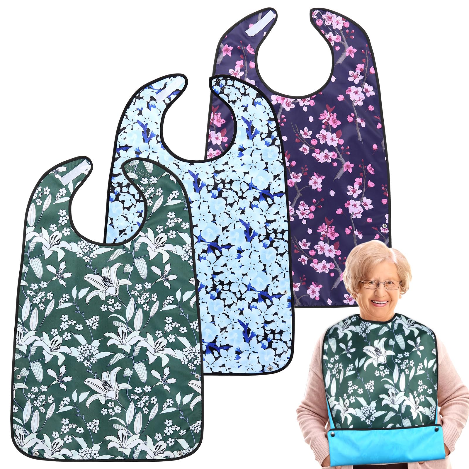 Lot de 3 Bavoirs Pour Adultes Avec Bac Récupérateur, Protection Des Vêtements Avec Fermeture Velcro, Imperméable, Pour Femmes, Personnes Âgées Et Patients