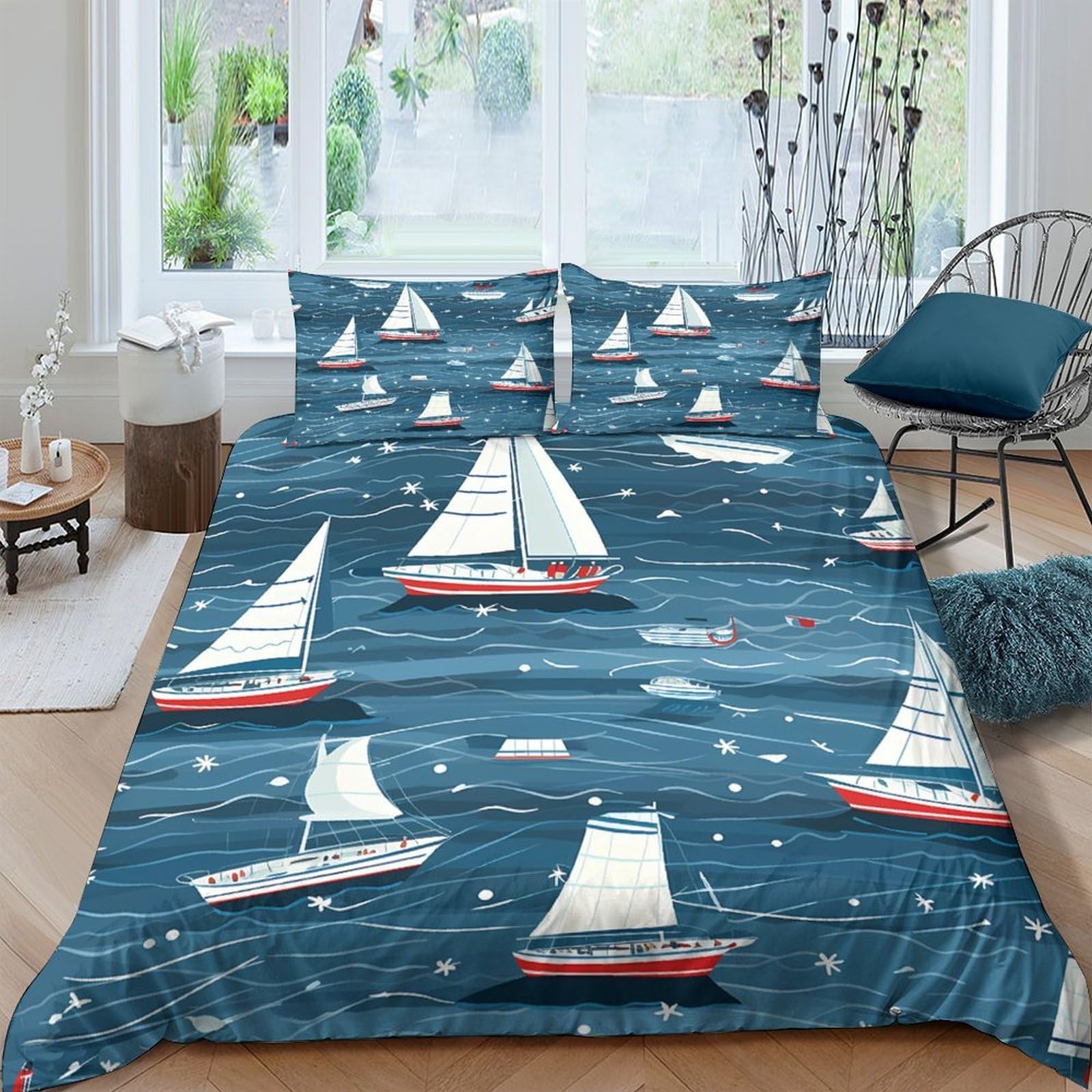 GPLZQXKJNH 3D Printed Sailing Boat Duvet Cover Microfiber Blue Ocean Yacht Bedding Set with 2 Pillowcases for Bedroom Home Decor Single（135x200cm）