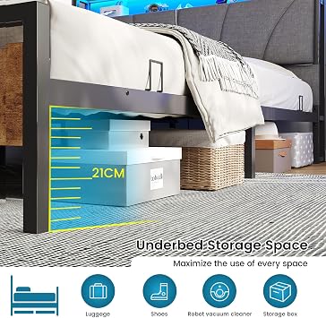 DICTAC Double Bed Frame with Upholstered Storage Headboard, Stable and Sturdy Metal Double Bed Frame with Charging Station & LED Lights, 135x190 cm Platform Bed Frame No Box Spring Needed, Noise Free