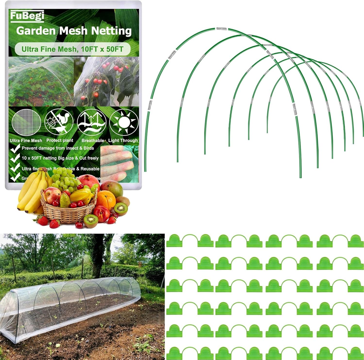 Garden Hoops with 10x50ft Ultra Fine Mesh Garden Netting