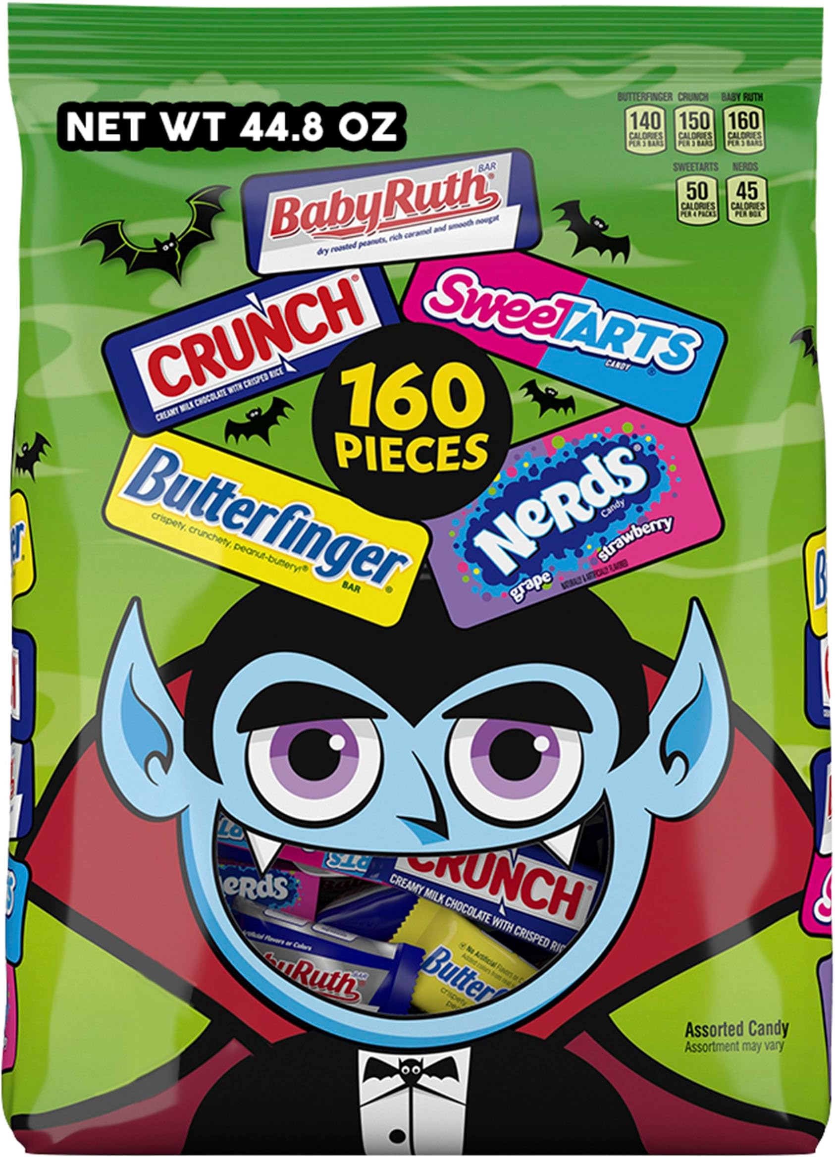 CRUNCH Baby Ruth, Nerds, SweetTarts, Mini Size Assorted Candy, Bulk 160 Count Variety Pack, 44.8 oz