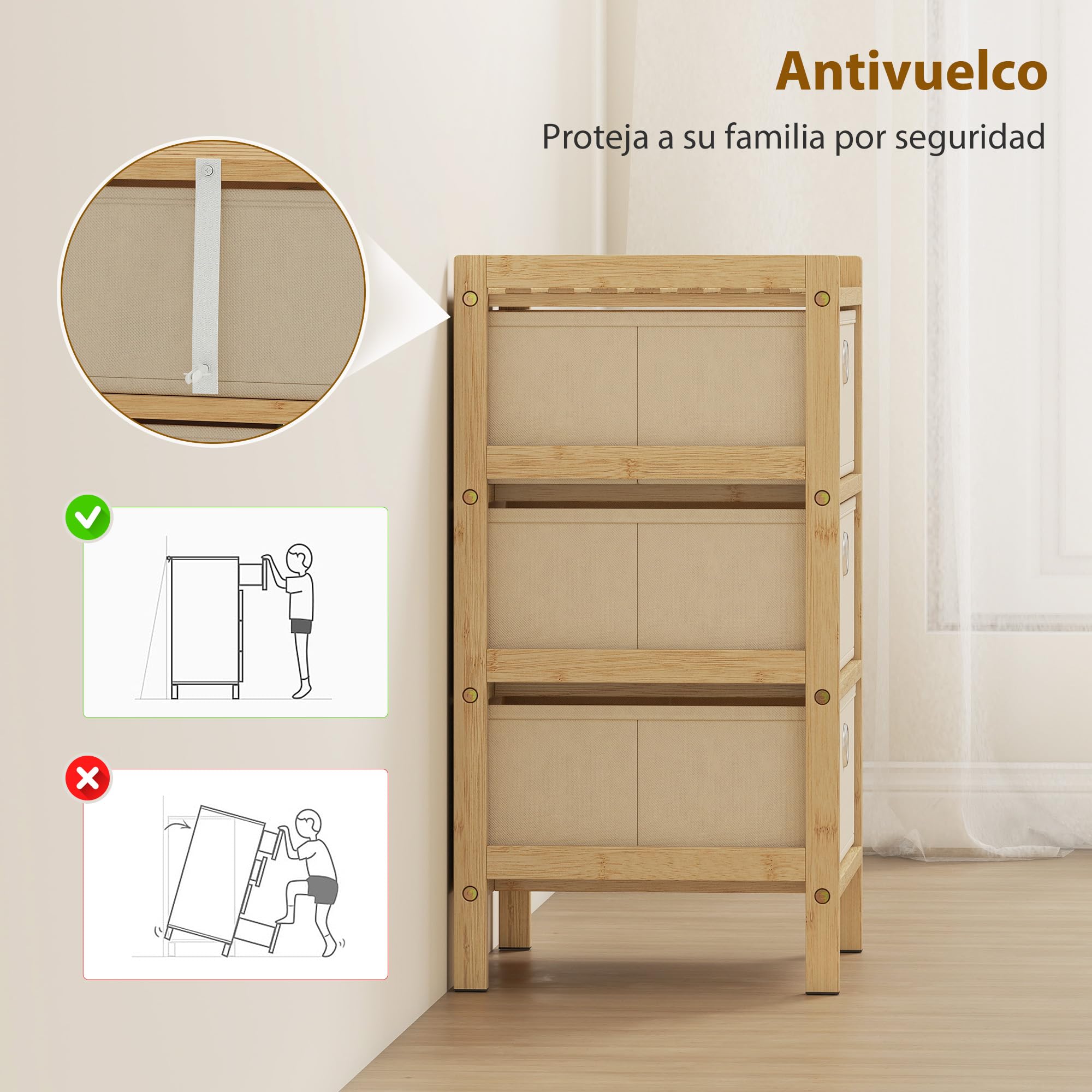 HOMCOM Cassettiera telaio bambù 3 cassetti tessuto bianco crema | Cassettiera, unità di stoccaggio stretta, per piccoli spazi, camera da letto, soggiorno, ingresso