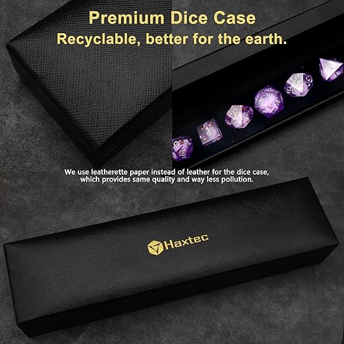 Miniatura 6 de Haxtec Juego de dados DND de resina de borde afilado de núcleo líquido con estuche de dados, 7 dados poliédricos con purpurina morada para juegos de