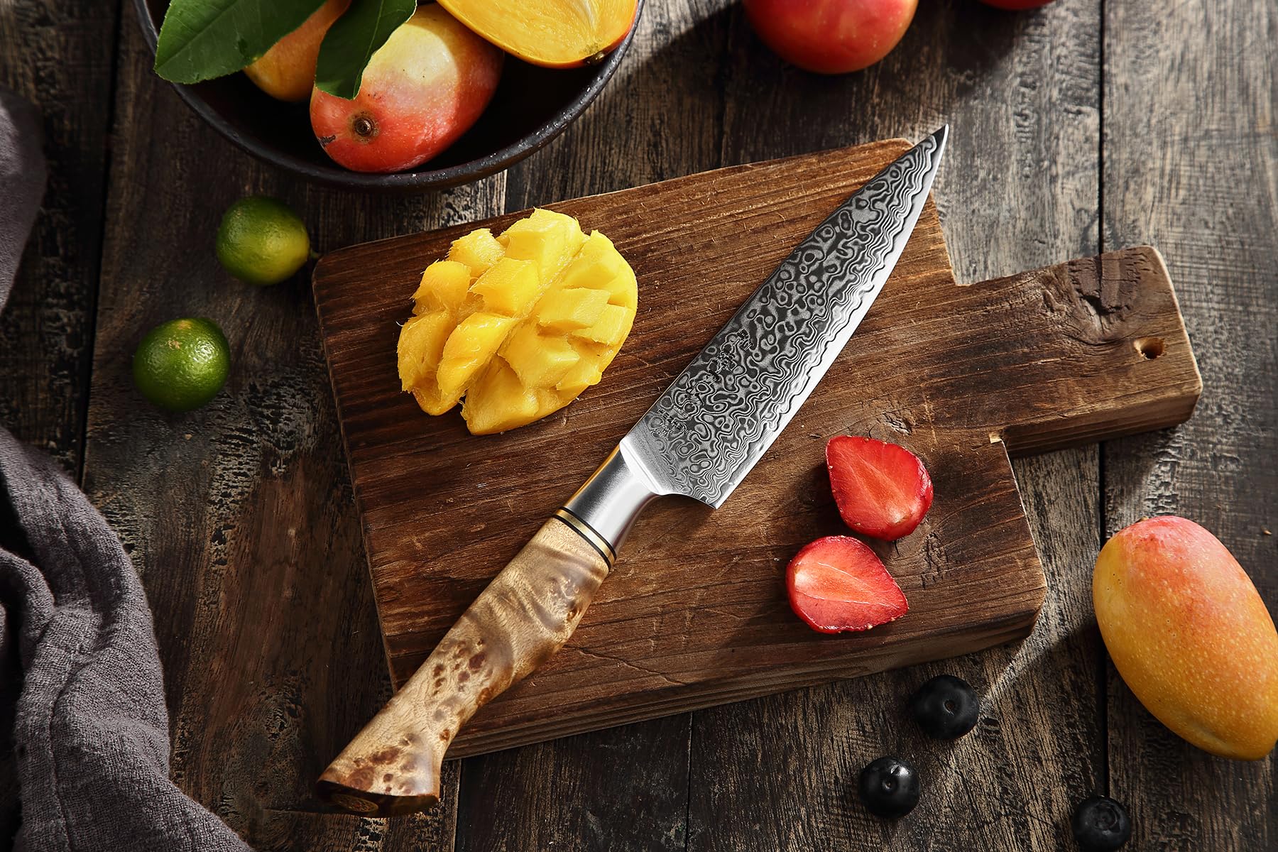 HEZHEN Couteau Universel, Acier Damas Couteaux D'office, Multifonctionnel Couteau à Fruits, Figured Sycamore Wood Handle