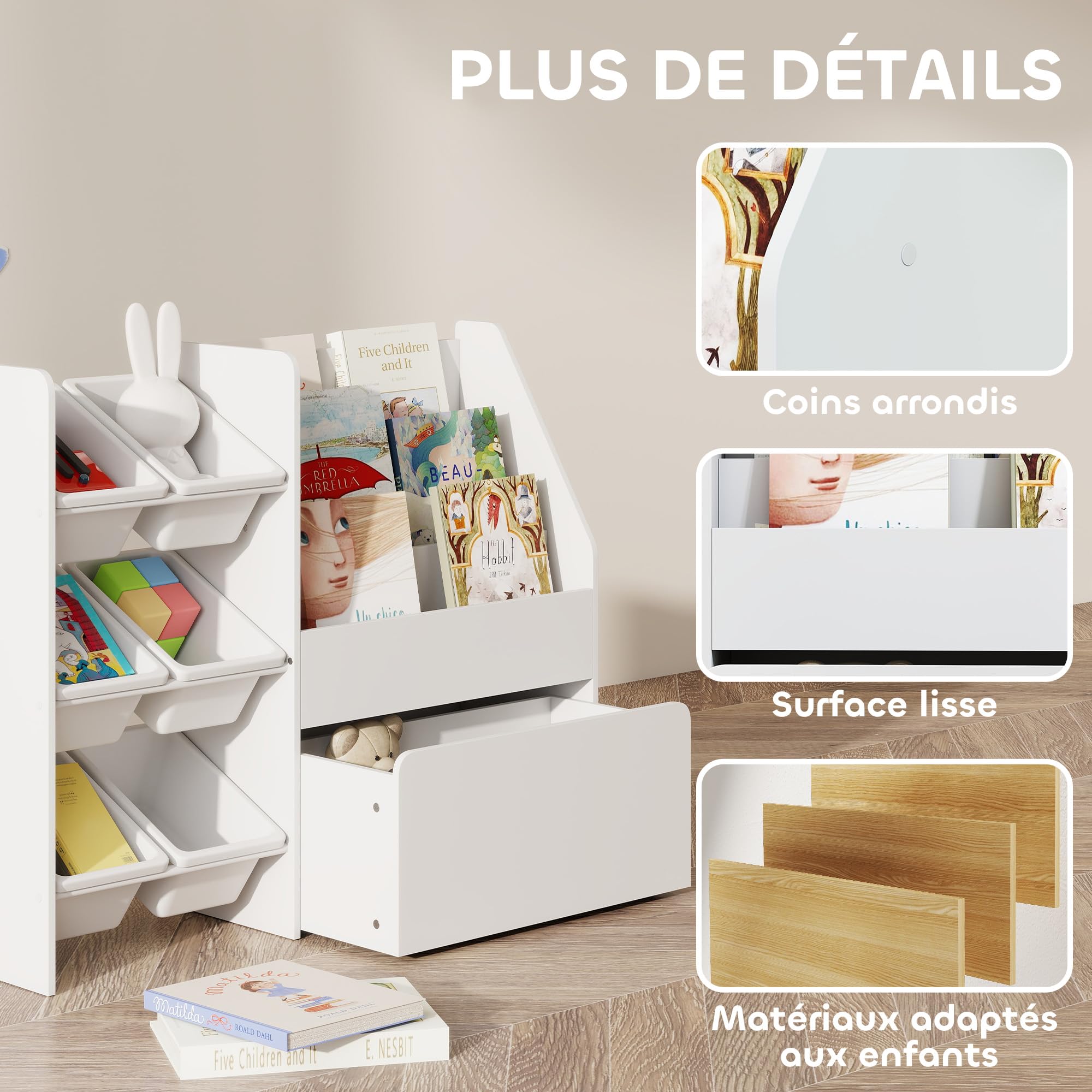 AIYAPLAY Meuble Rangement Enfant, Rangement Jouet Enfant, 6 bacs Amovibles et Grand Coffre à roulettes, bibliothèque à 3 Niveaux pour Chambre ou Salle de Jeux, Blanc