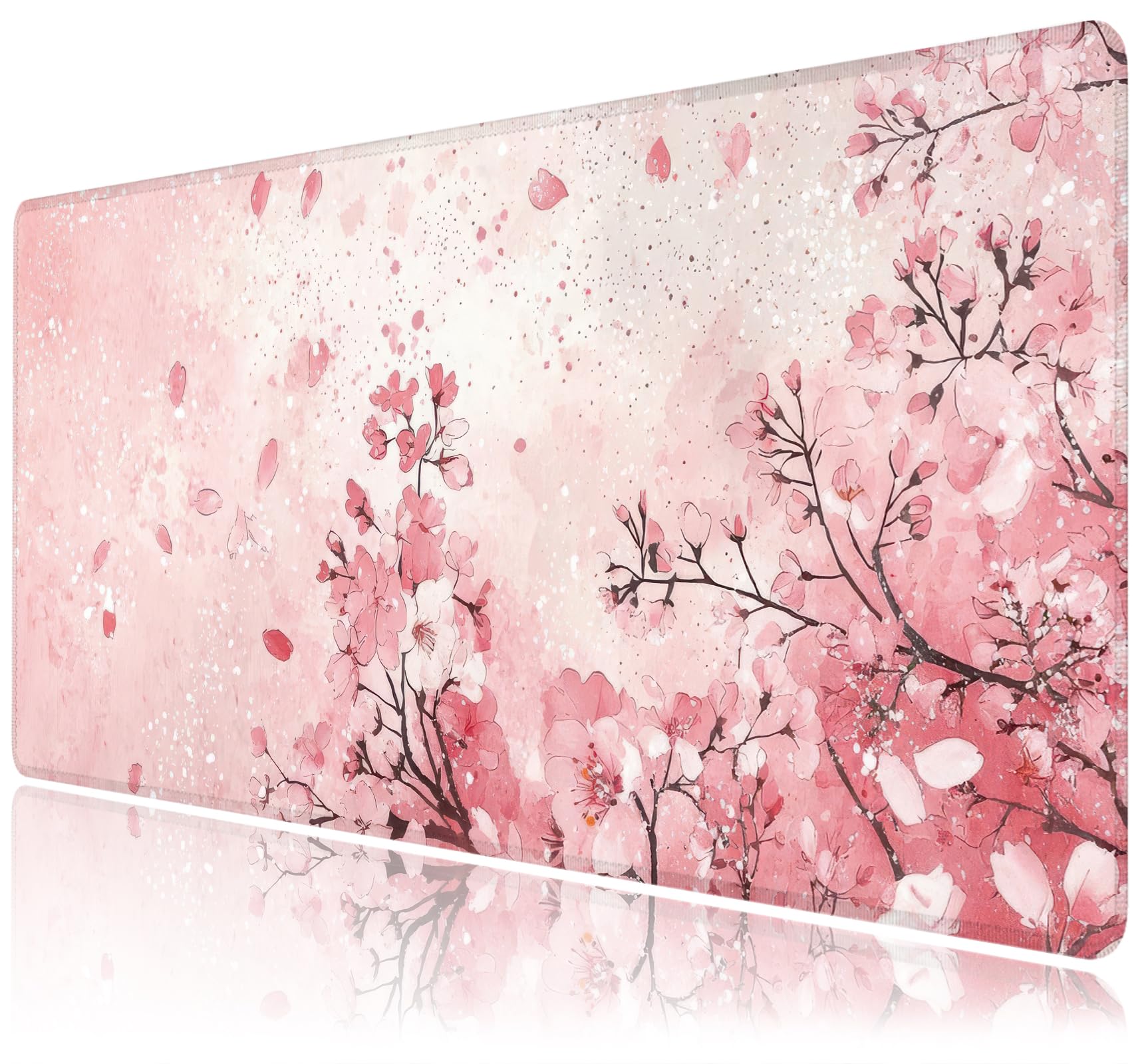 Desk Mat, Japanese Cherry Blossom XXL 35.4"x15.7"Large Gaming Mouse Pad, 3mm Thick Gaming Keyboard Pad,Desk Pad Non-Slip Rubber Base with Stitched Edges for Office Game Home Decor