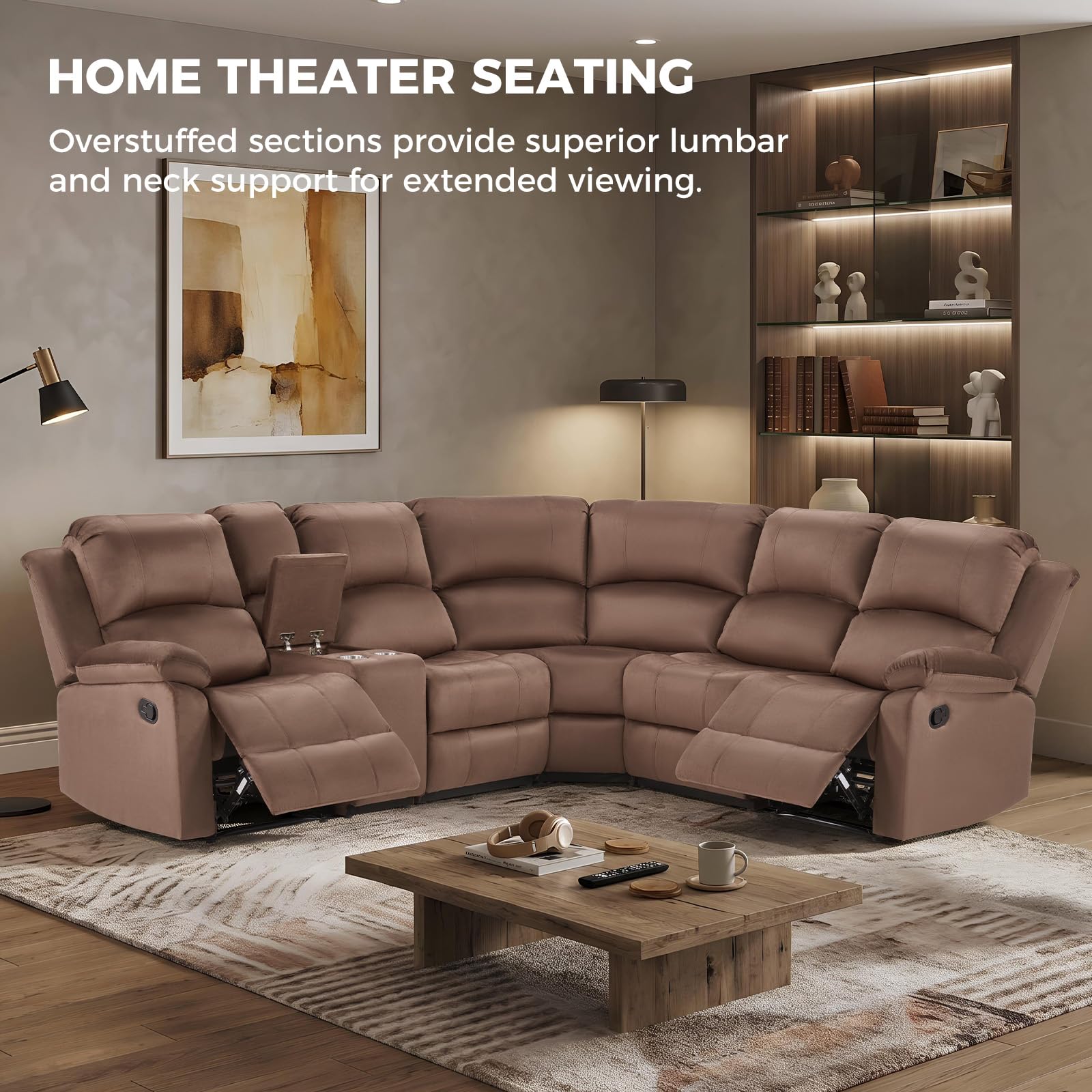 EBELLO Manual Reclining L-Shaped Sectional Sofa Set, Soft Microfiber Recliner Corner Couch with Center Console, Cup Holders and Storage, Recliner Sectional Couches for Living Room, Brown view 6